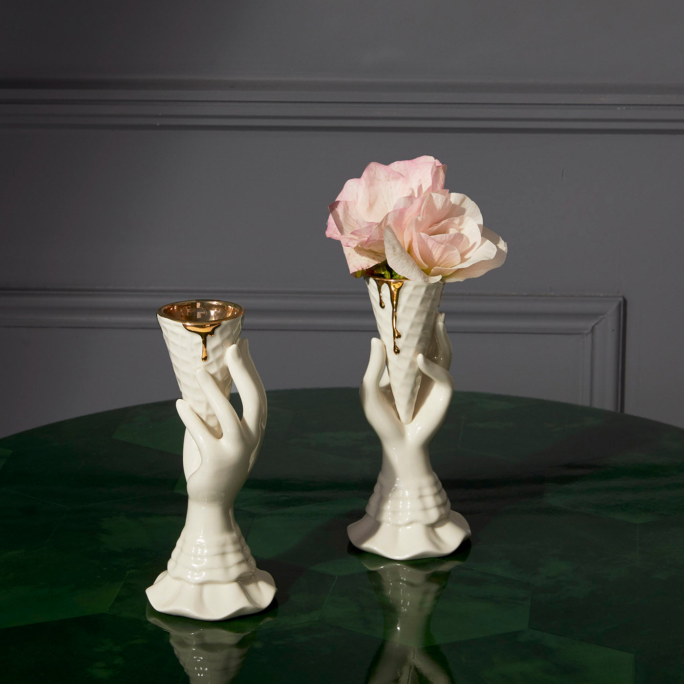 gilded i-scream vase with flowers scalinatella ottoman living room - styled view