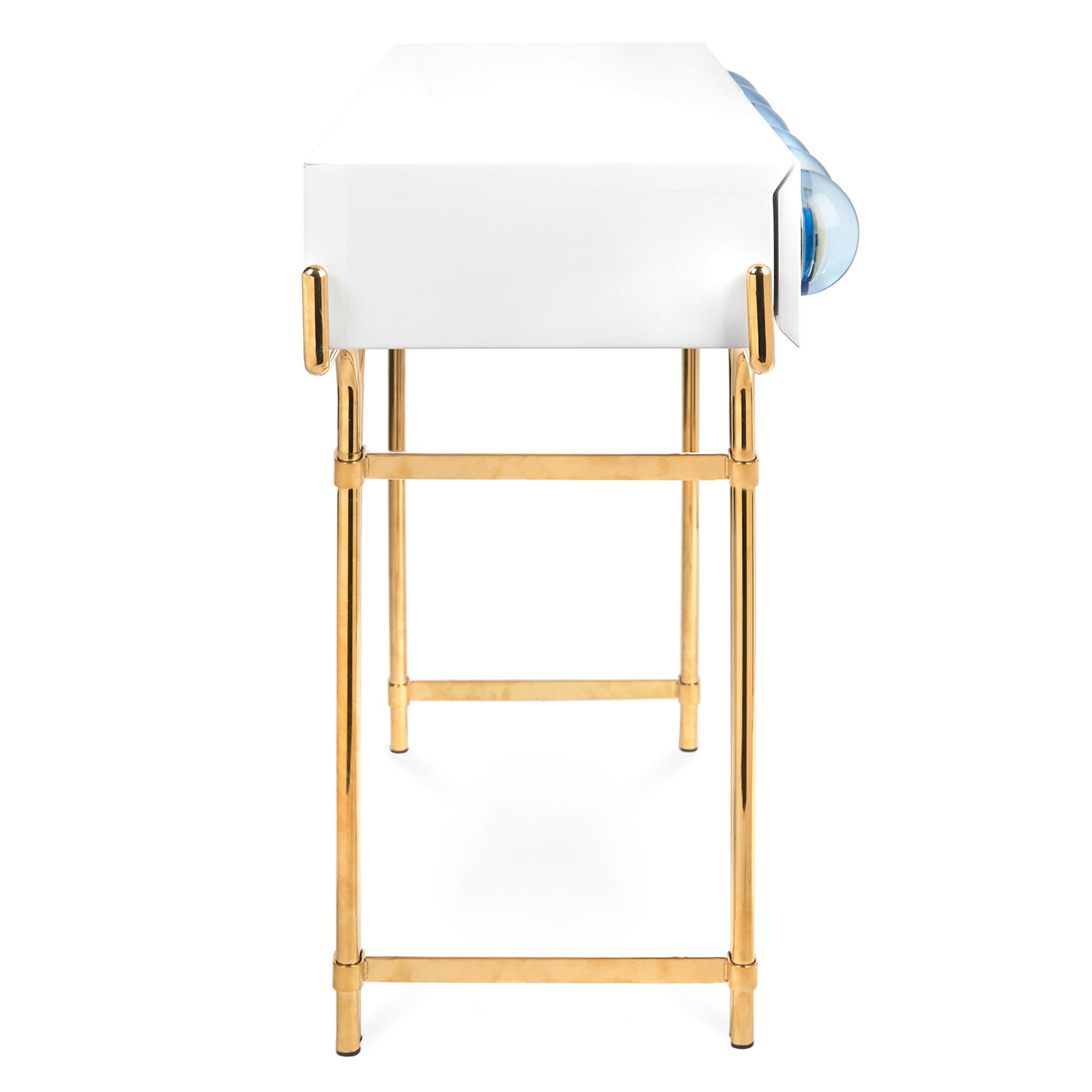 globo console white lacquer blue acrylic globes brass frame - side view