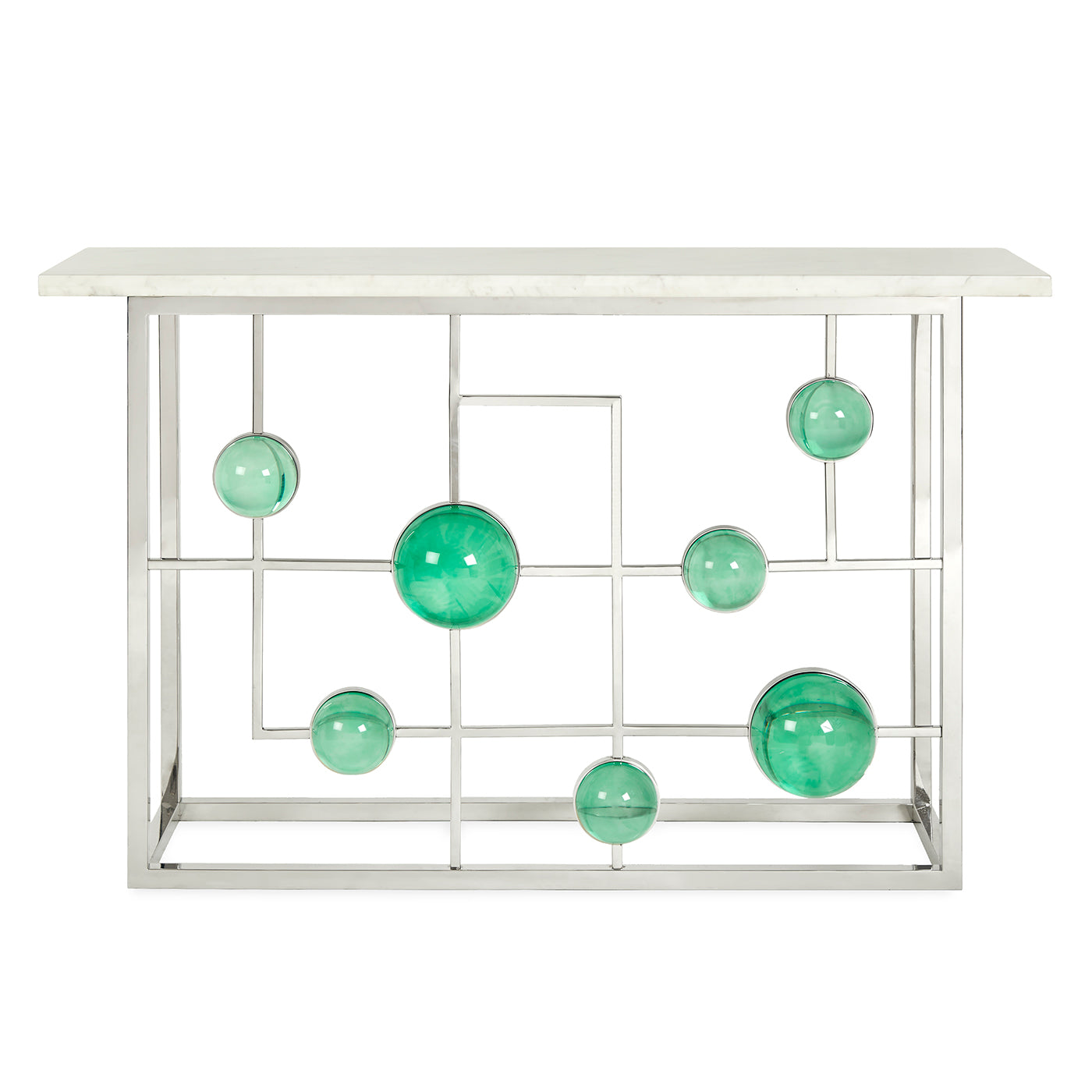 globo fretwork console marble top nickel frame emerald acrylic globes - front view