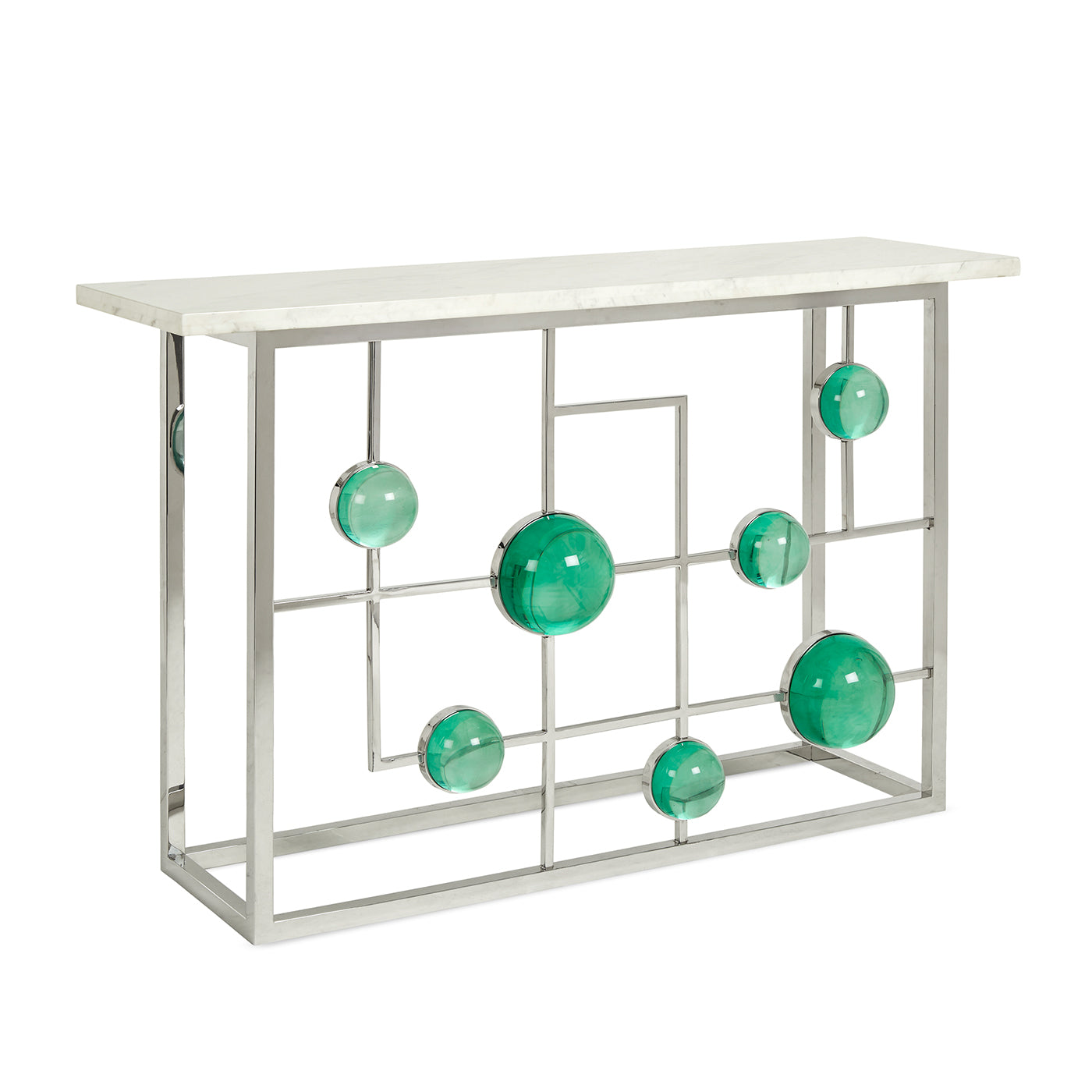 globo fretwork console marble top nickel frame emerald acrylic globes - side view