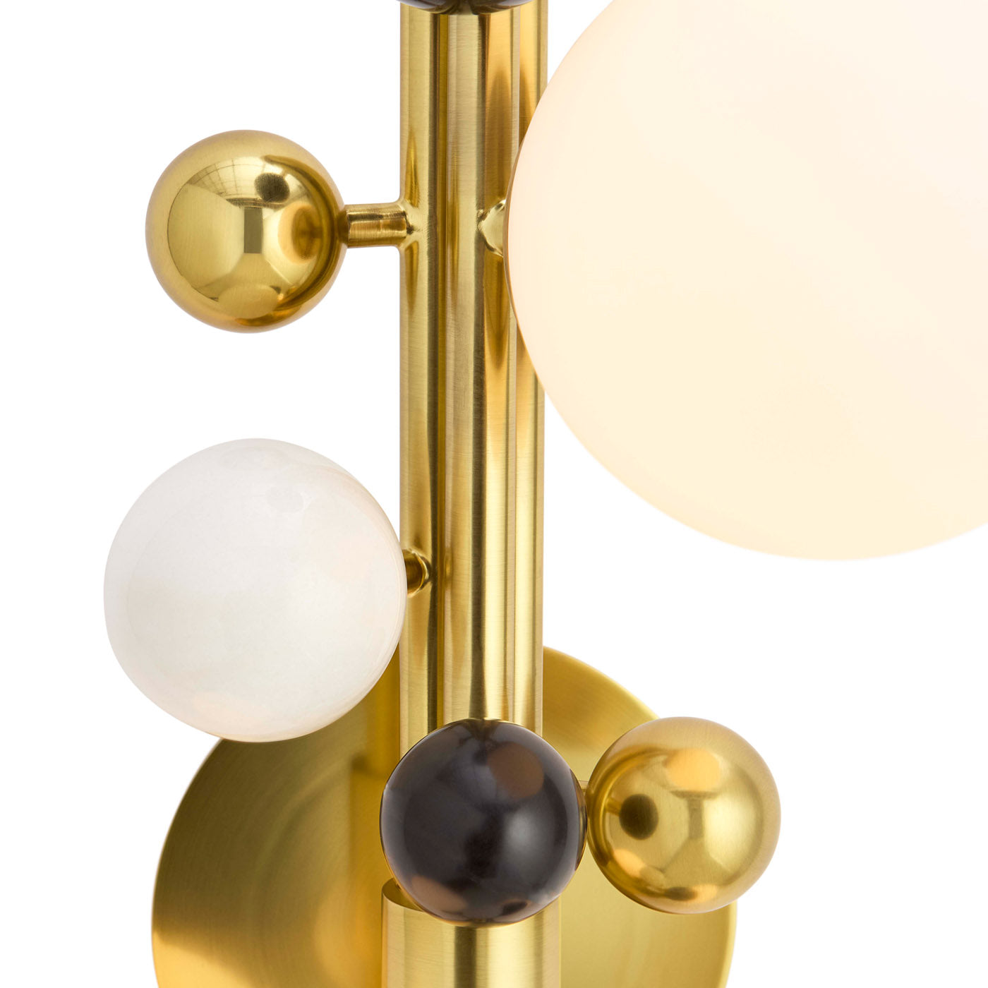 Gold spherical light fixture with white, black, and gold spheres on a white background
