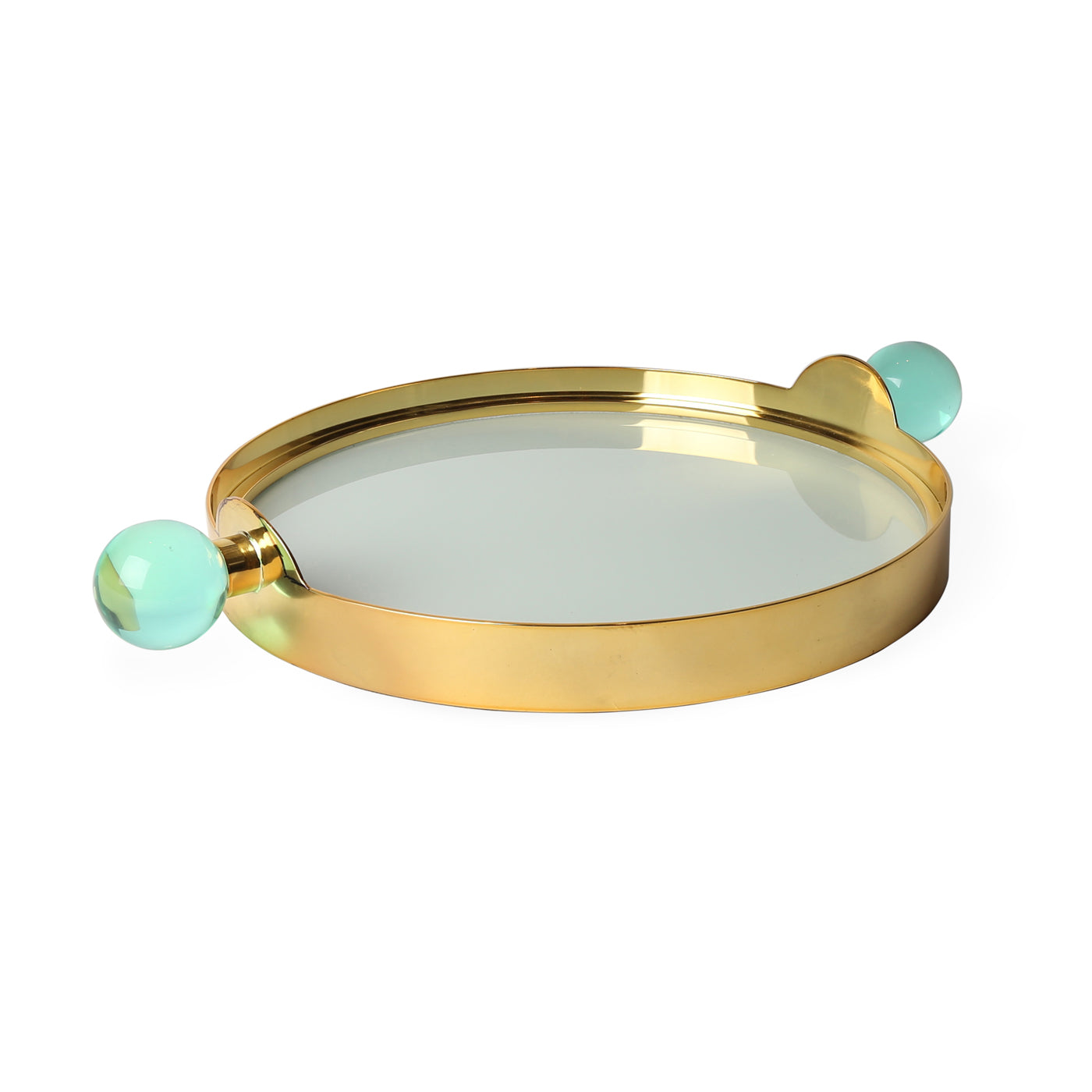globo tray back-painted glass brass frame green acrylic handles - angle view