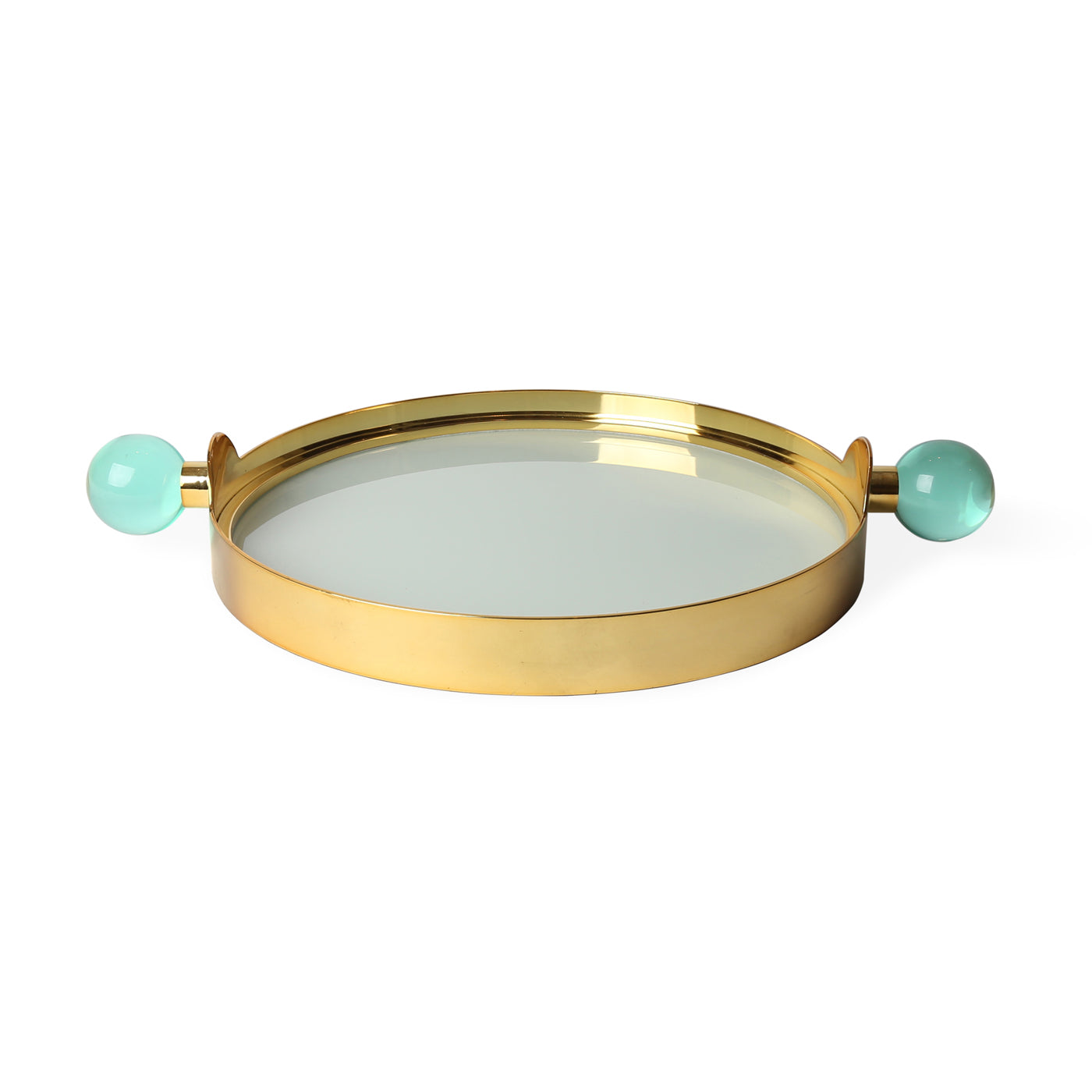 globo tray back-painted glass brass frame green acrylic handles - detail view