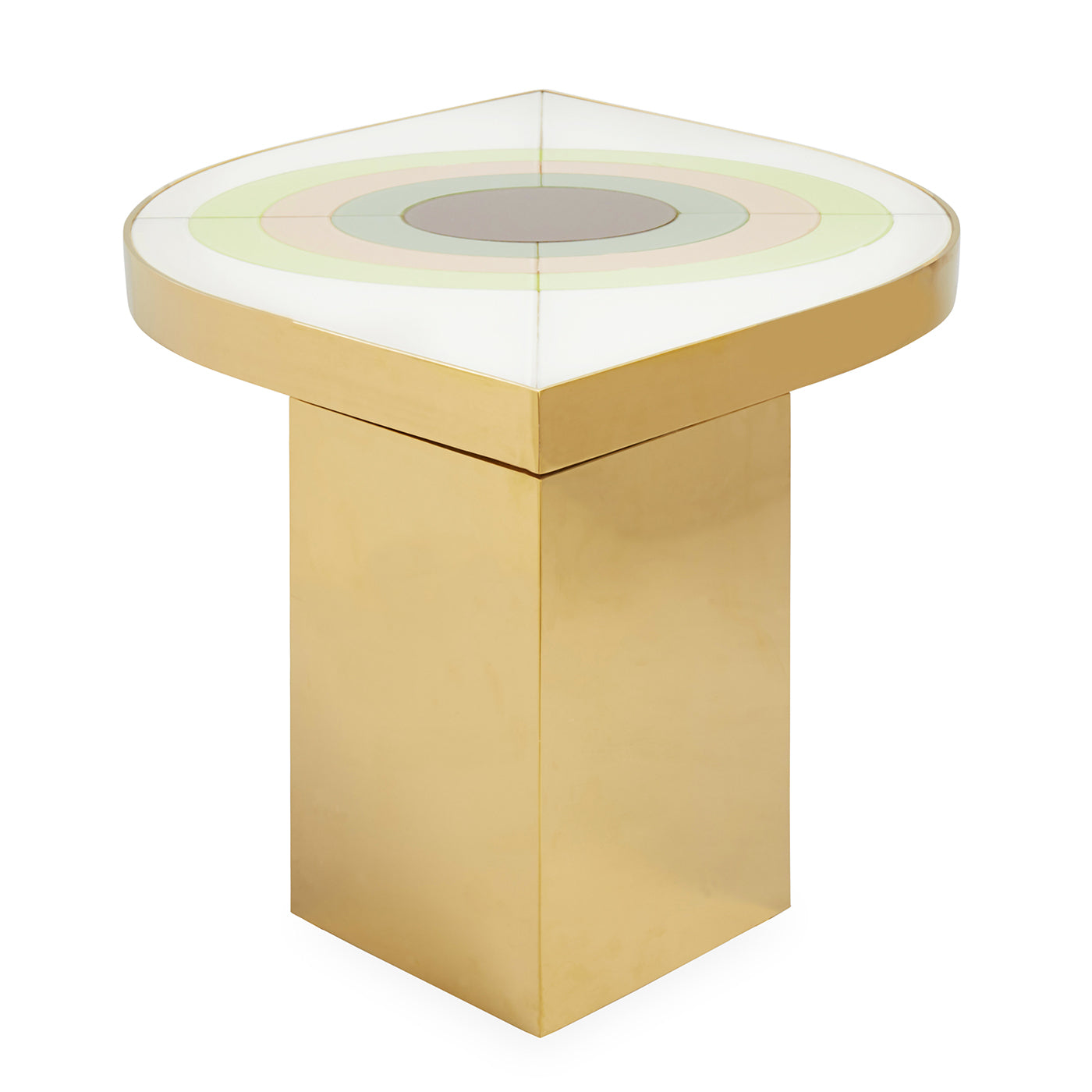 harlequin eye cocktail table back-painted glass brass frame - side view