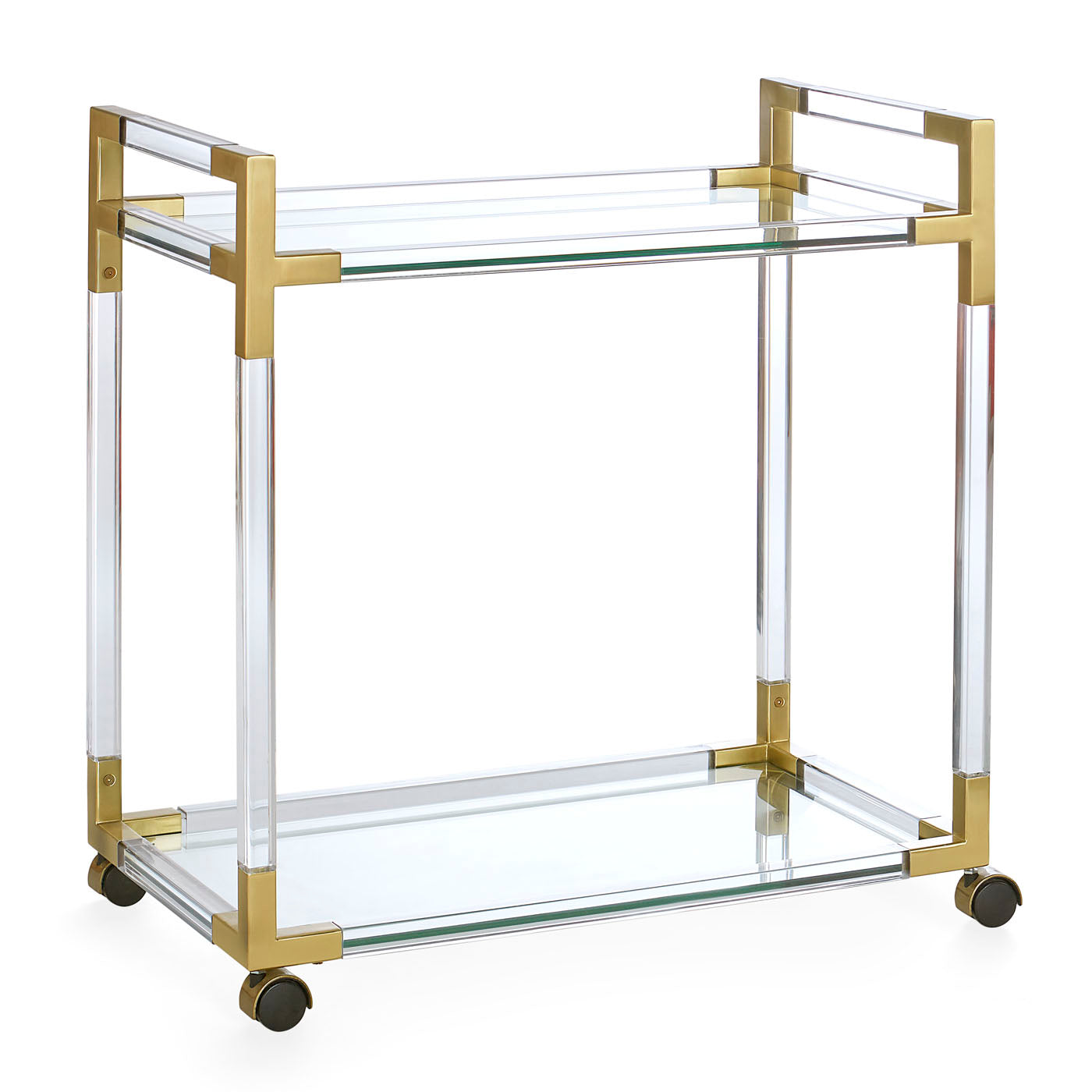 jacques bar cart glass shelves brass clear acrylic frame - side view