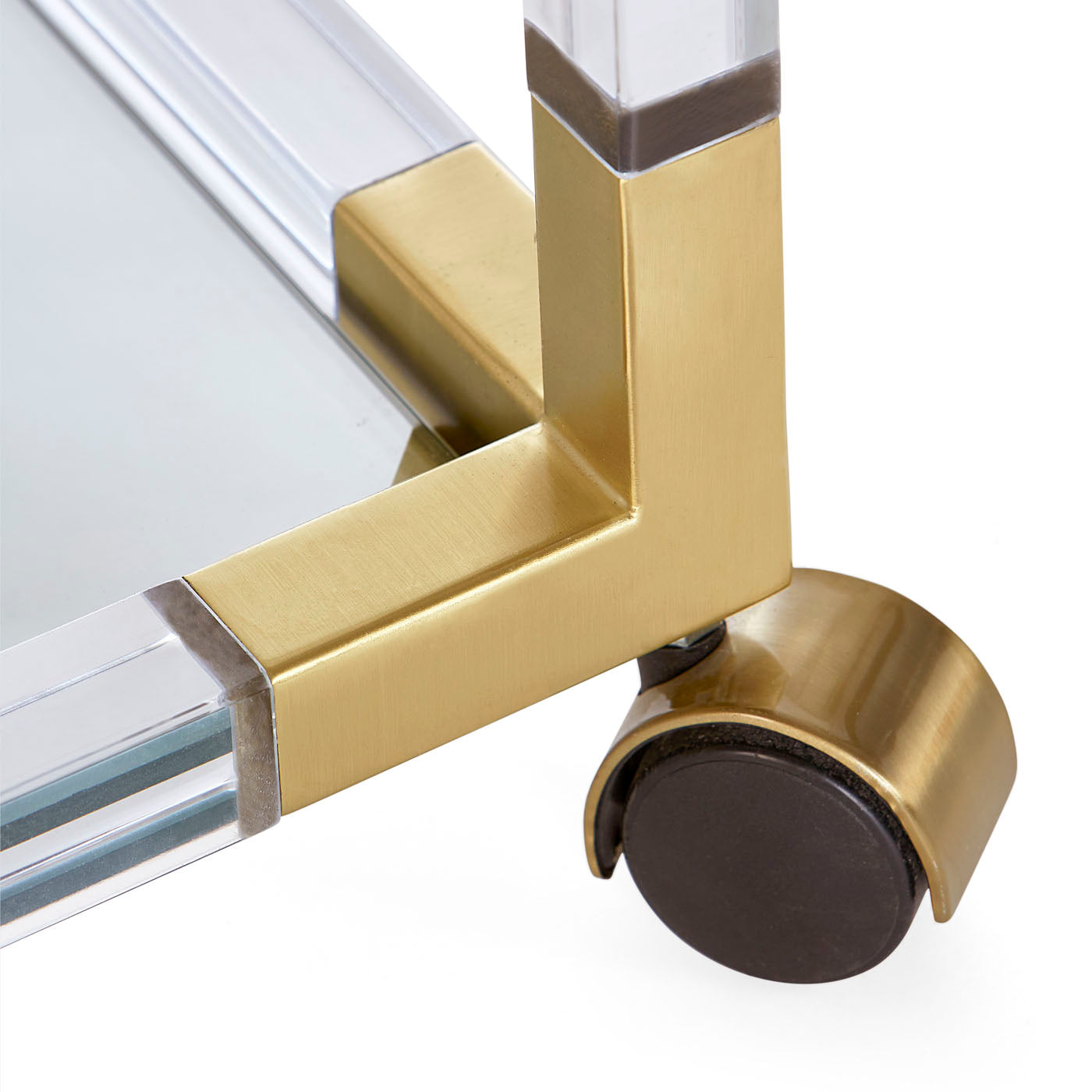 jacques bar cart glass shelves brass clear acrylic frame - detail view