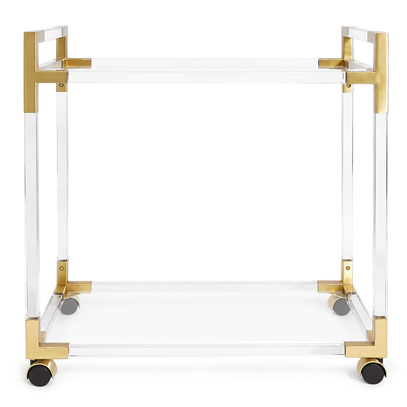 jacques bar cart glass shelves brass clear acrylic frame - front view
