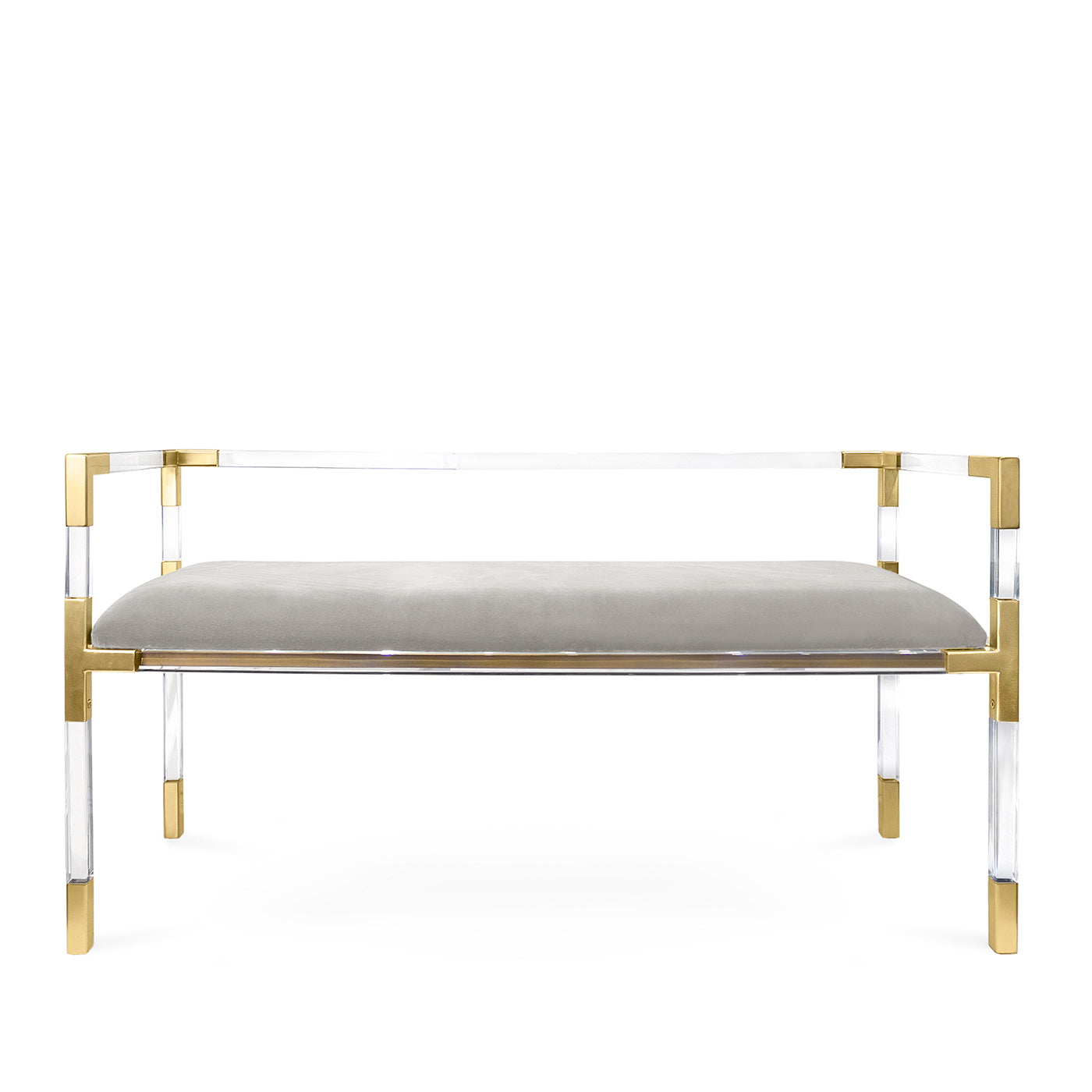 jacques bench rialto smoke velvet clear acrylic and brushed brass frame - front view