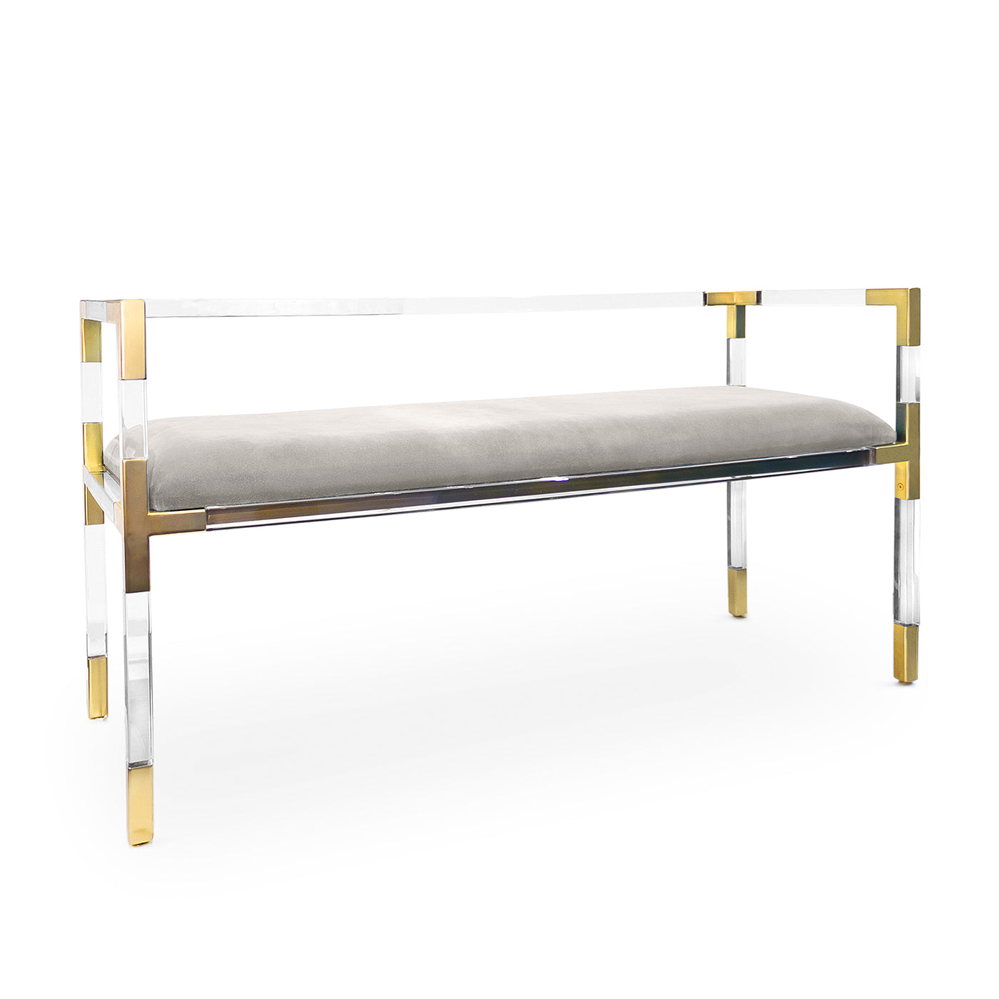 jacques bench rialto smoke velvet clear acrylic and brushed brass frame - angle view
