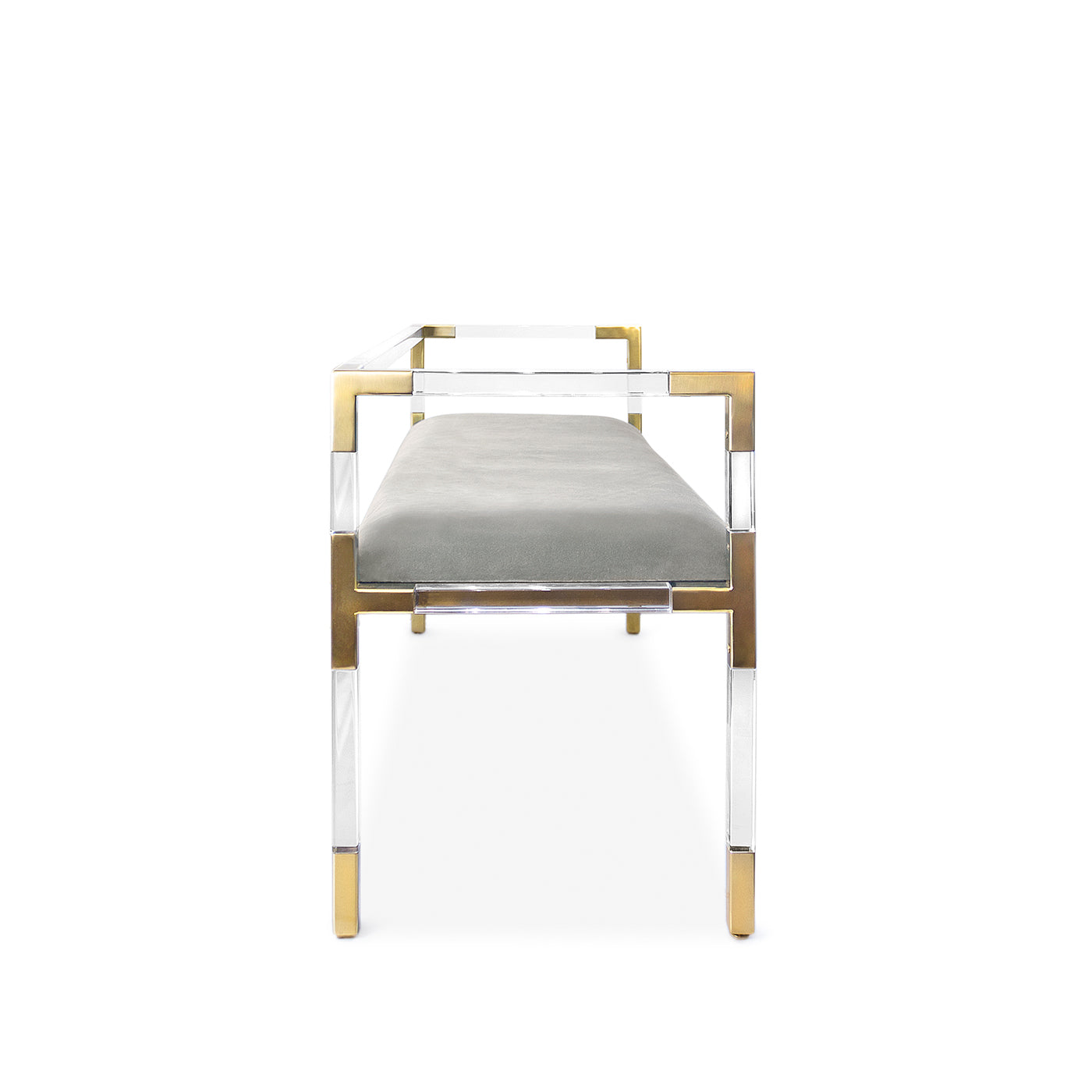 jacques bench rialto smoke velvet clear acrylic and brushed brass frame - side view