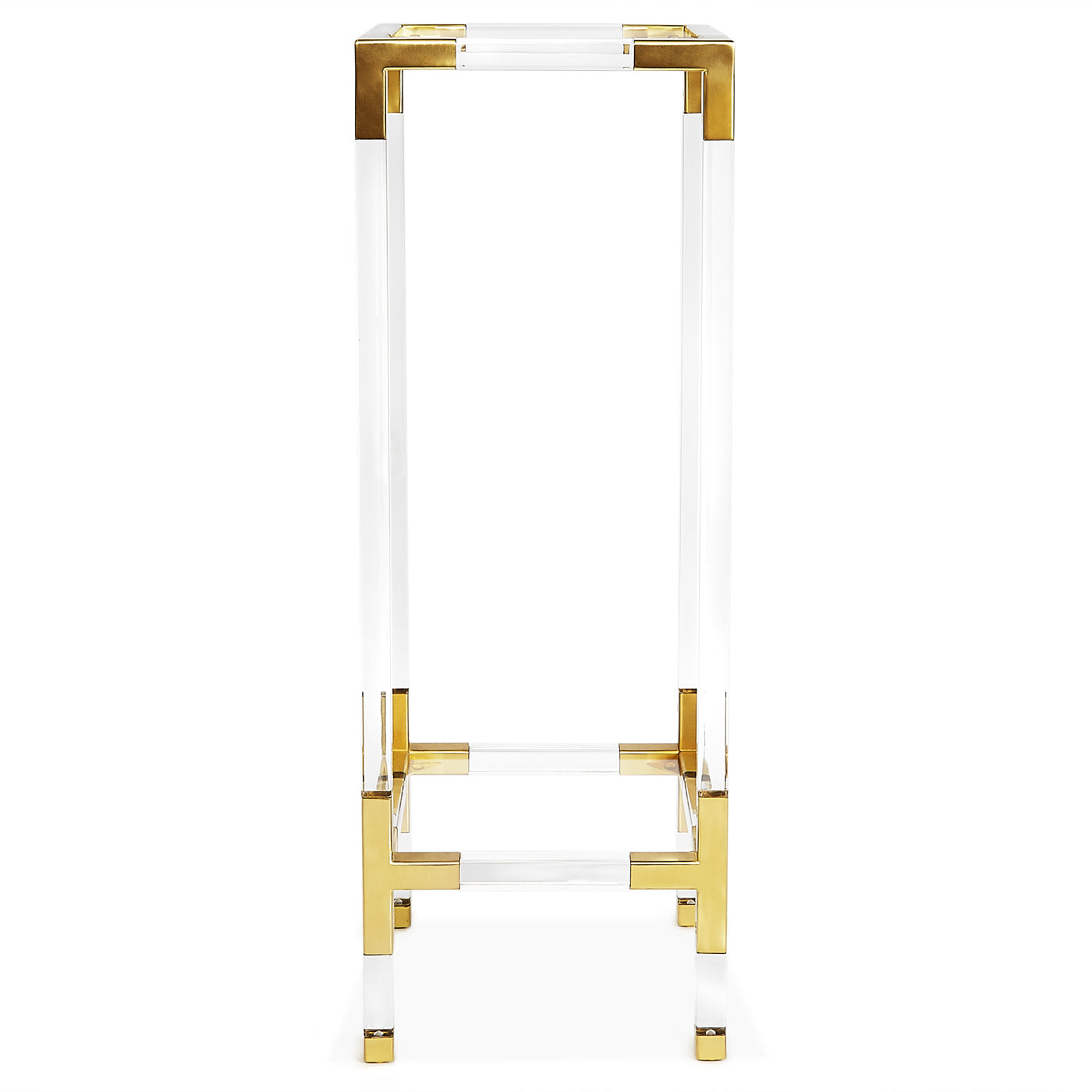 jacques pedestail glass shelves brass clear acrylic frame - front view