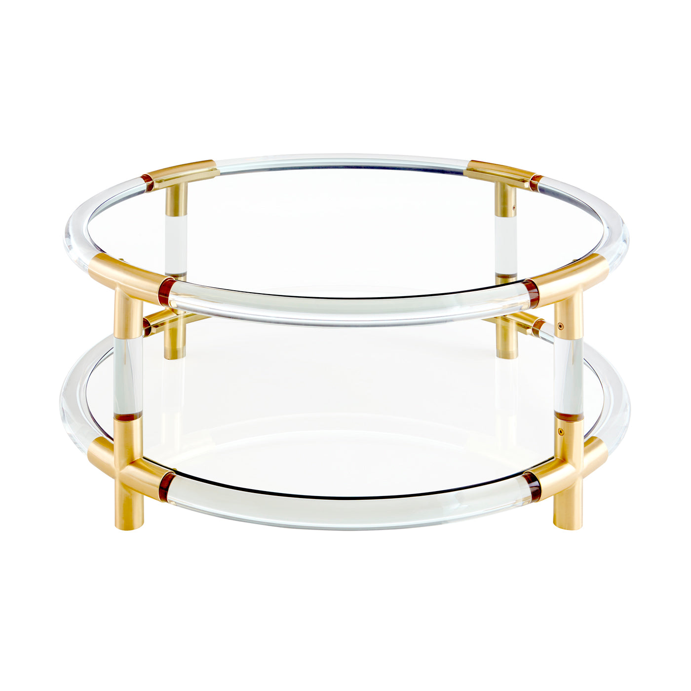 jacques round cocktail table clear acrylic brass accents - front view
