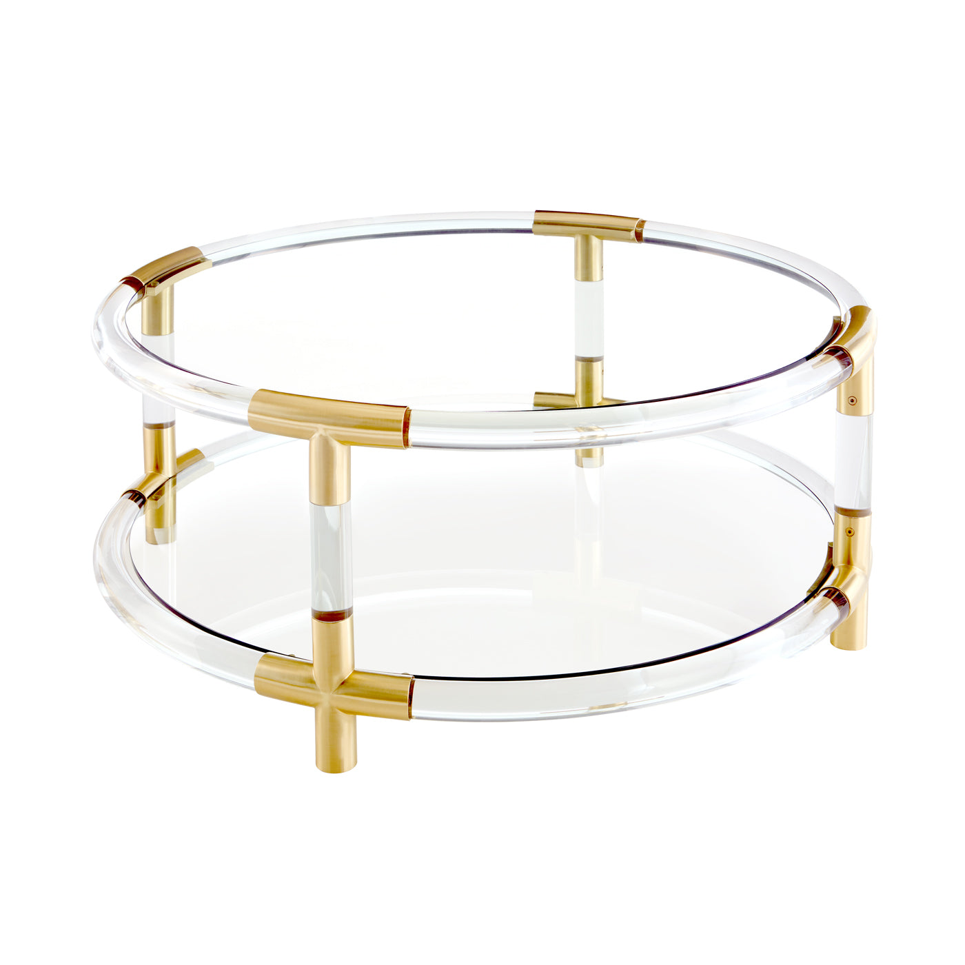 jacques round cocktail table clear acrylic brass accents - angle view