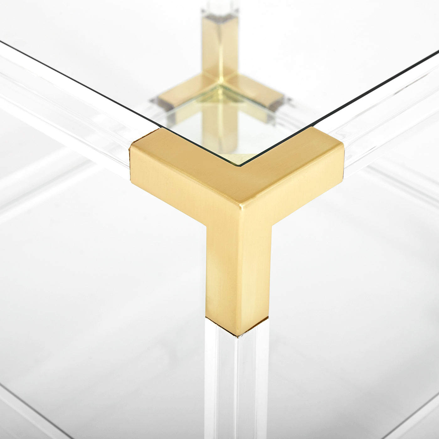 jacques two-tier accent table glass shelves brass clear acrylic frame - detail view 2