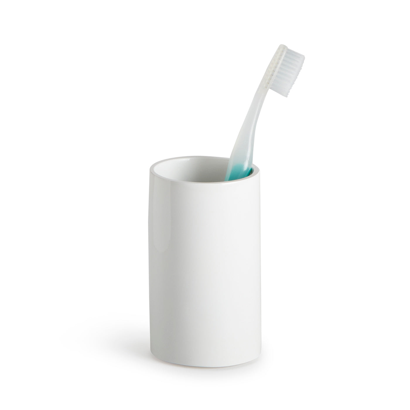 lacquer tumbler white with toothbrush - front view