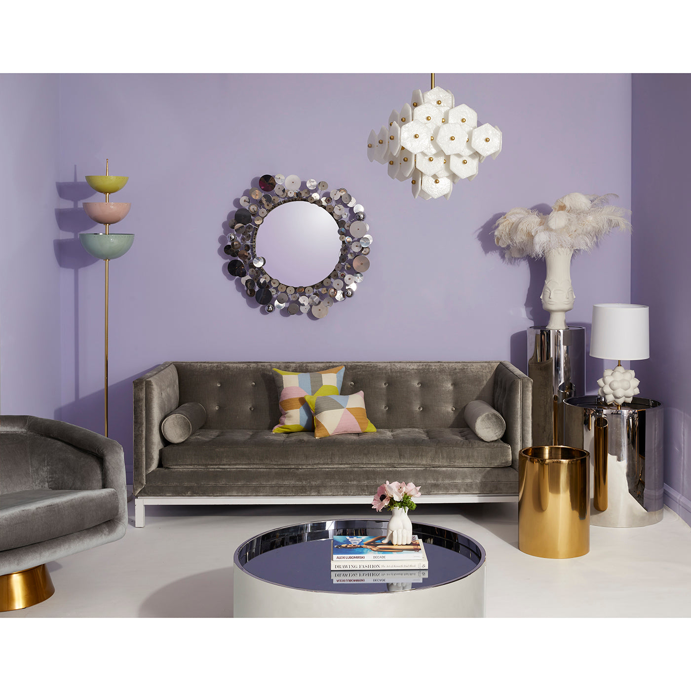 c. jere raindrops wall sculpture mirror lampert sofa living room - styled view