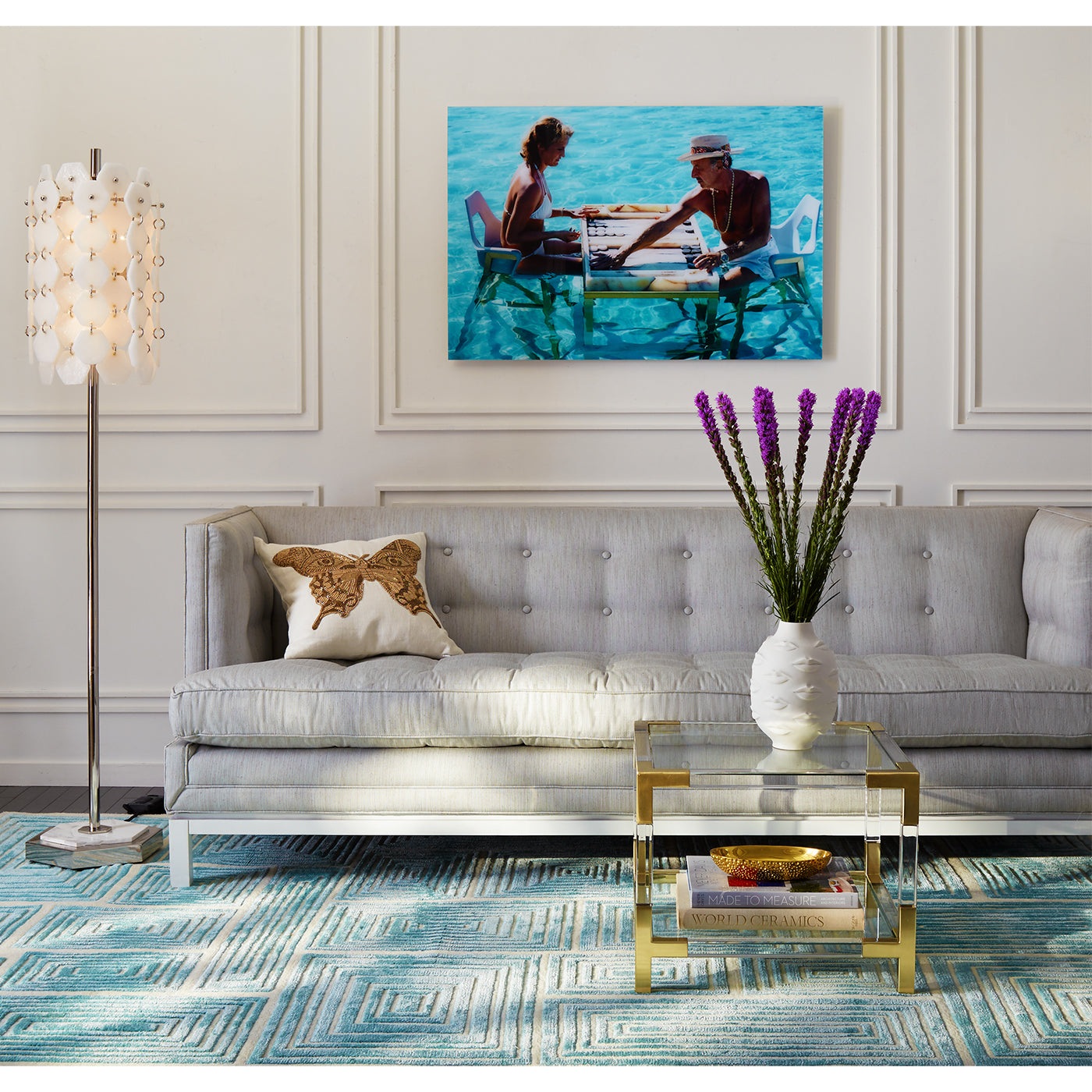 slim aarons "keep your cool" photograph lampert t-arm sofa - styled view