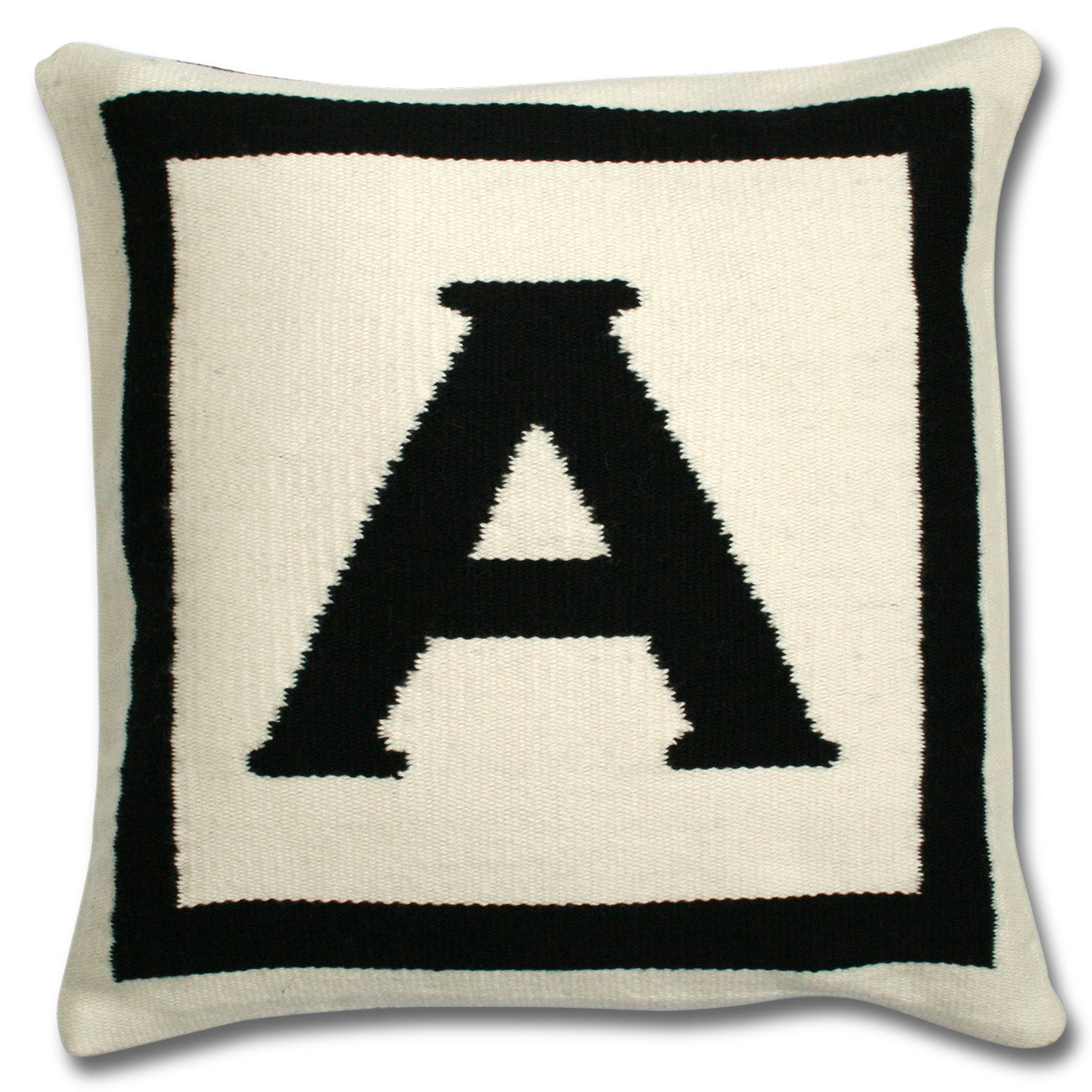 a reversile letter throw pillow wool hand loomed black white - front view