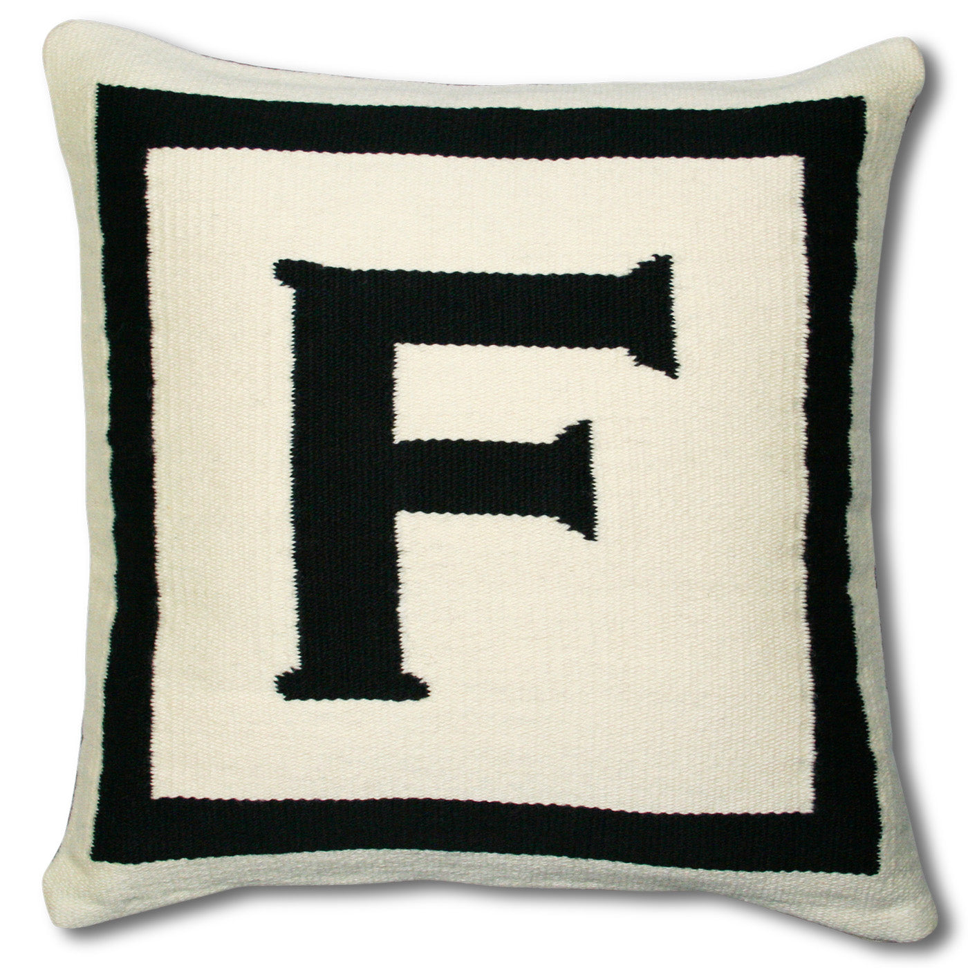 f reversile letter throw pillow wool hand loomed black white - front view