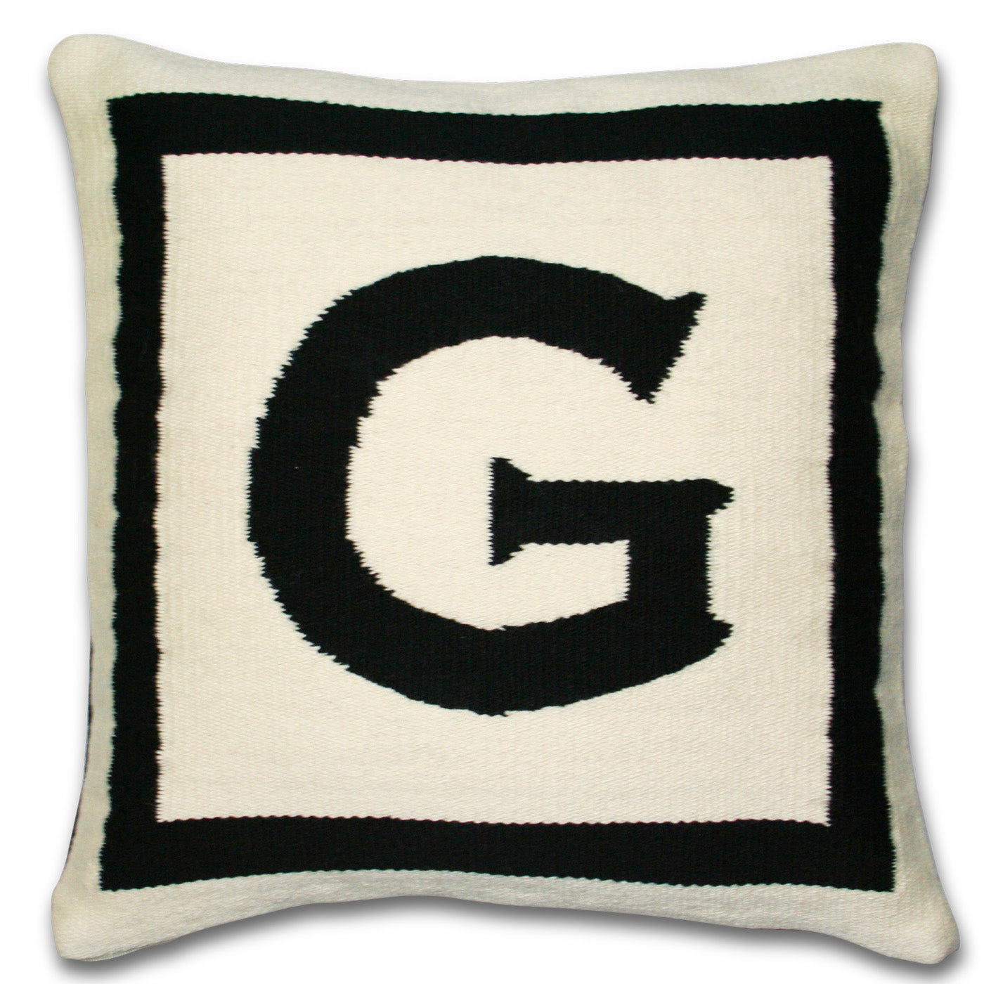 g reversile letter throw pillow wool hand loomed black white - front view