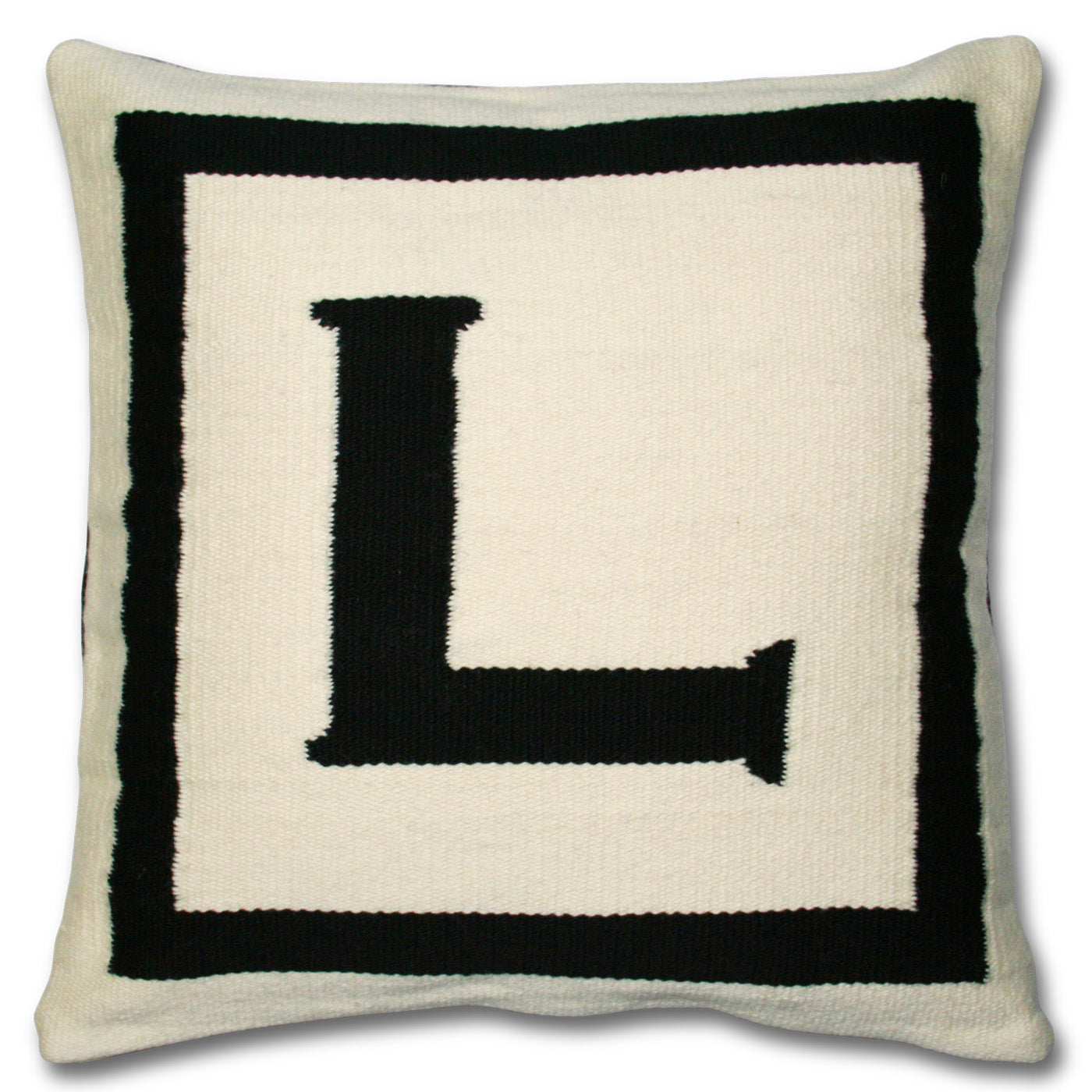 l reversile letter throw pillow wool hand loomed black white - front view