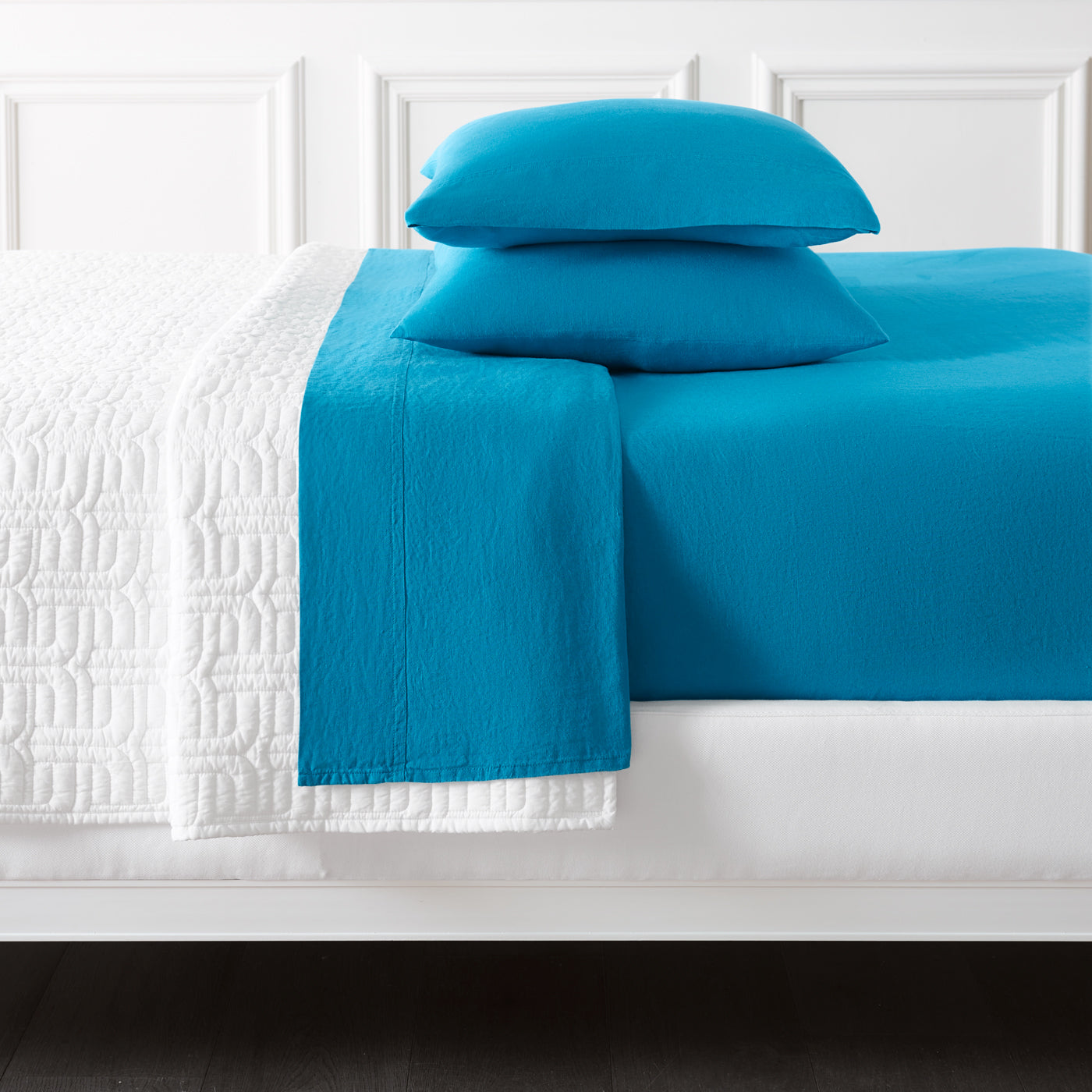 linen sheet set teal - folded view