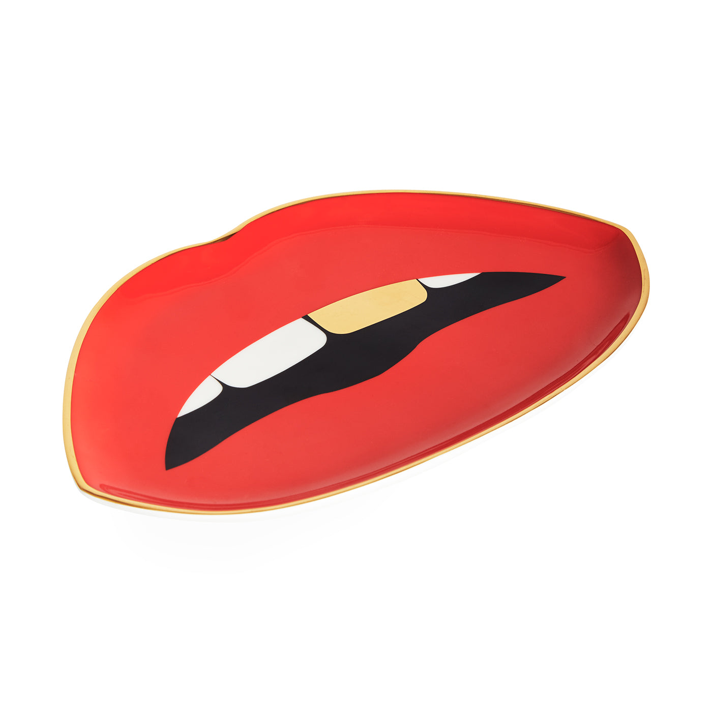 lips trinket tray porcelain red accents gold with box - angle view