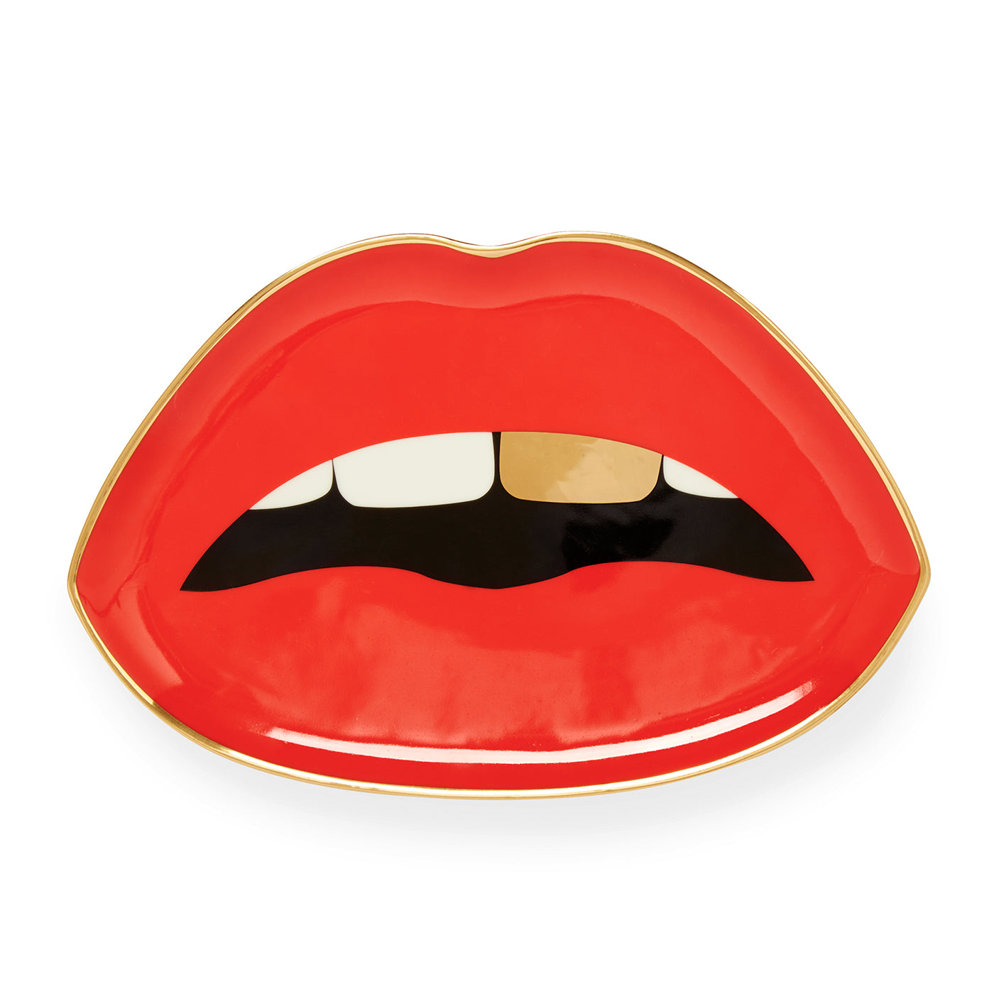 lips trinket tray porcelain red accents gold - top view