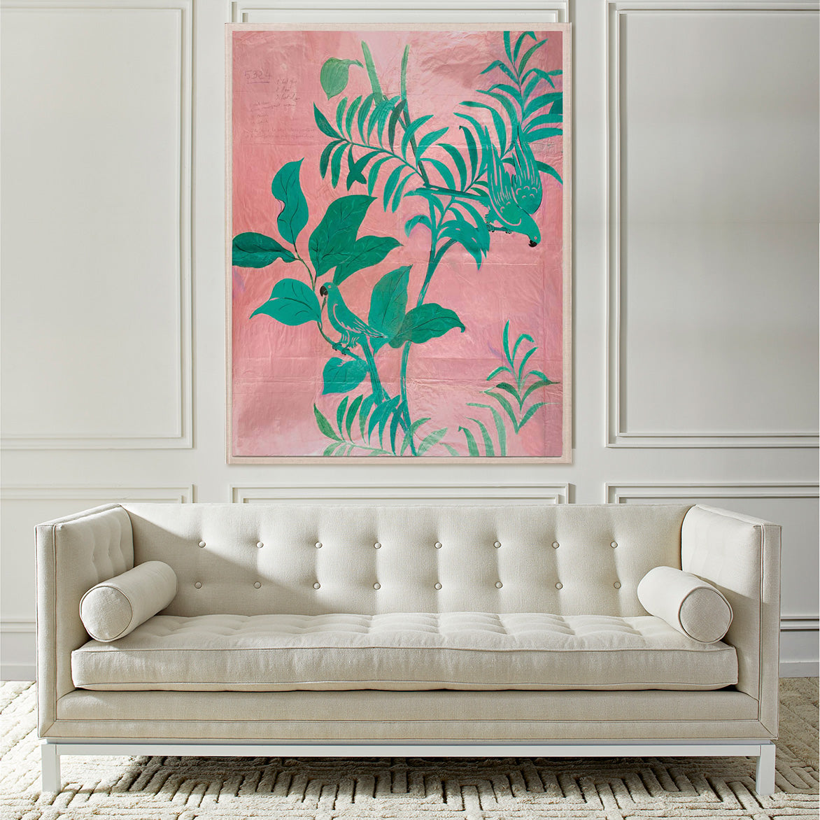 paule marrot, pink birds print with Rider Klismos Lounge Chair