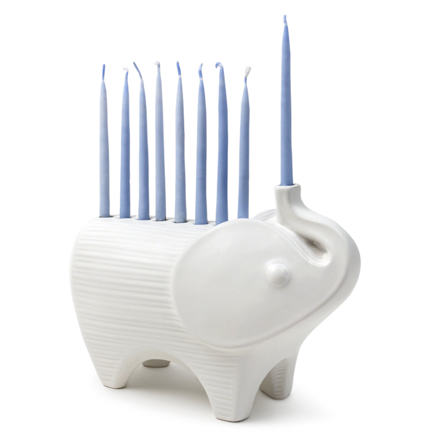ceramic elephant menorah white with blue candles lit - front view