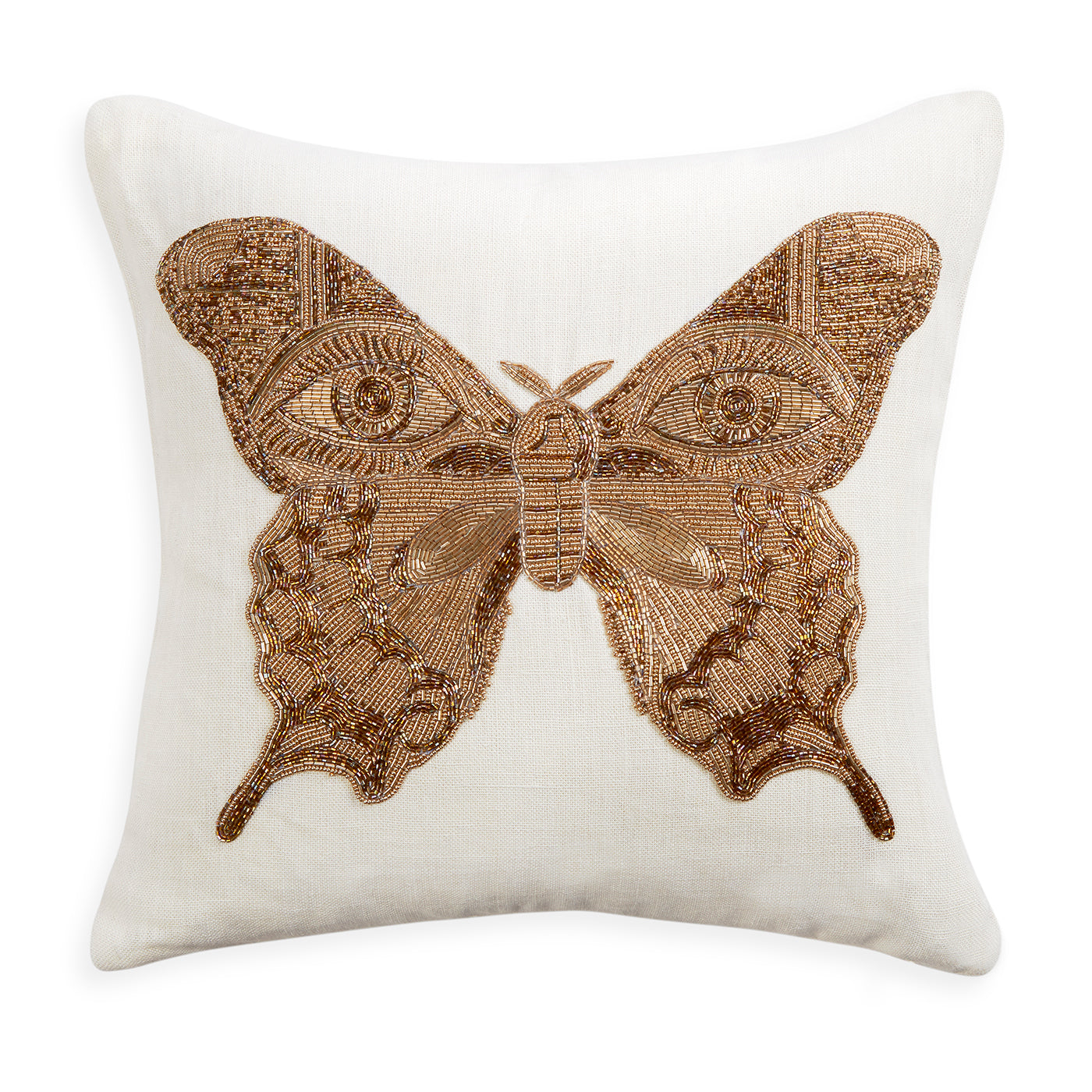 muse butterfly throw pillow linen white glass beads gold - front view