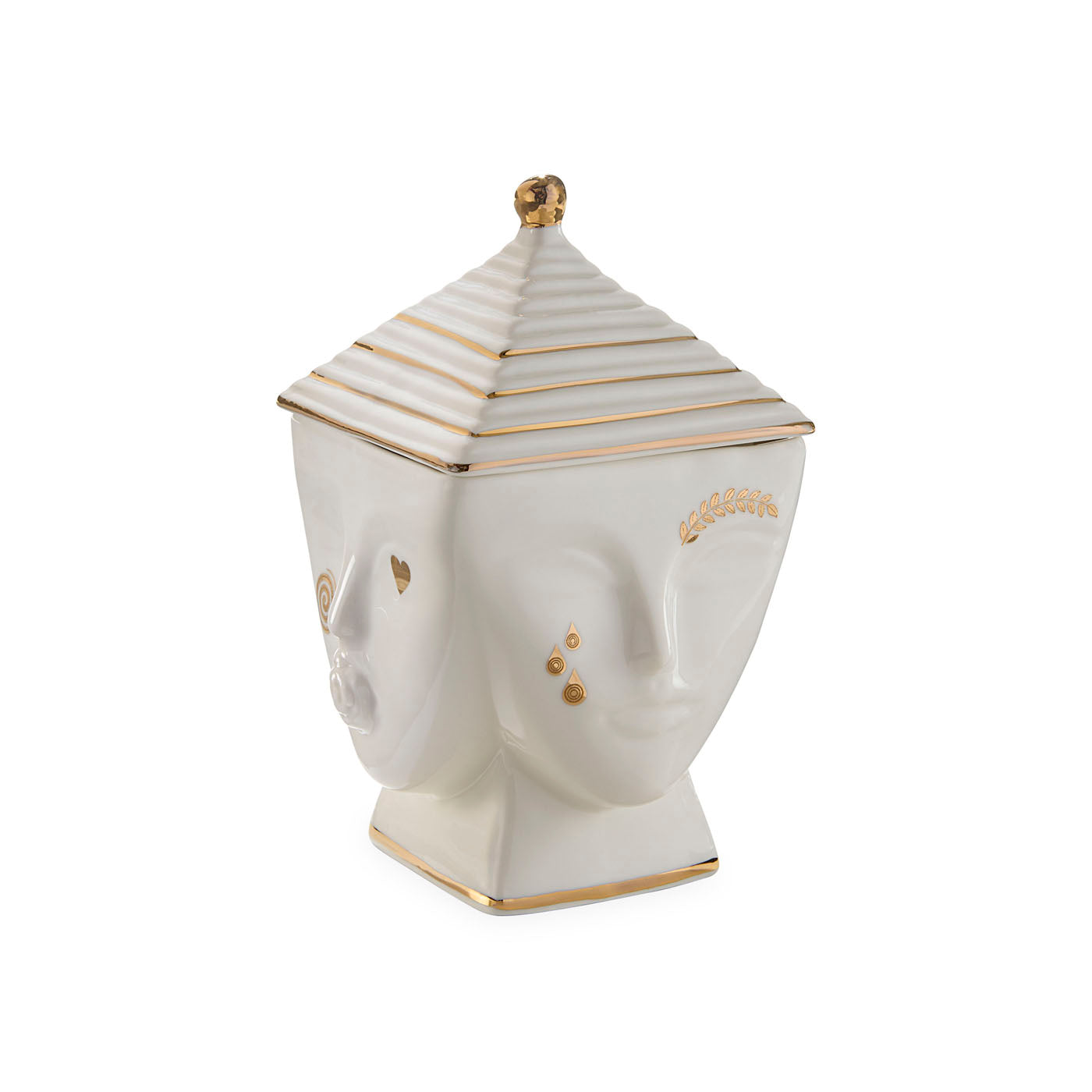Decorative ceramic head-shaped vase with gold accents on a white background
