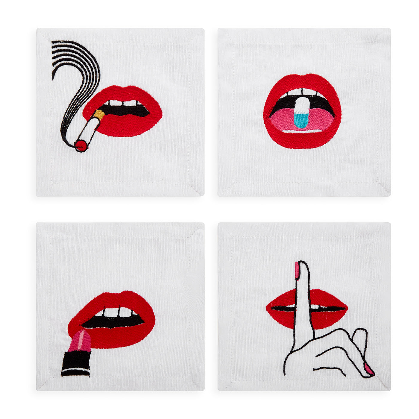 lips cocktail napkins cotton linen red black - front view
