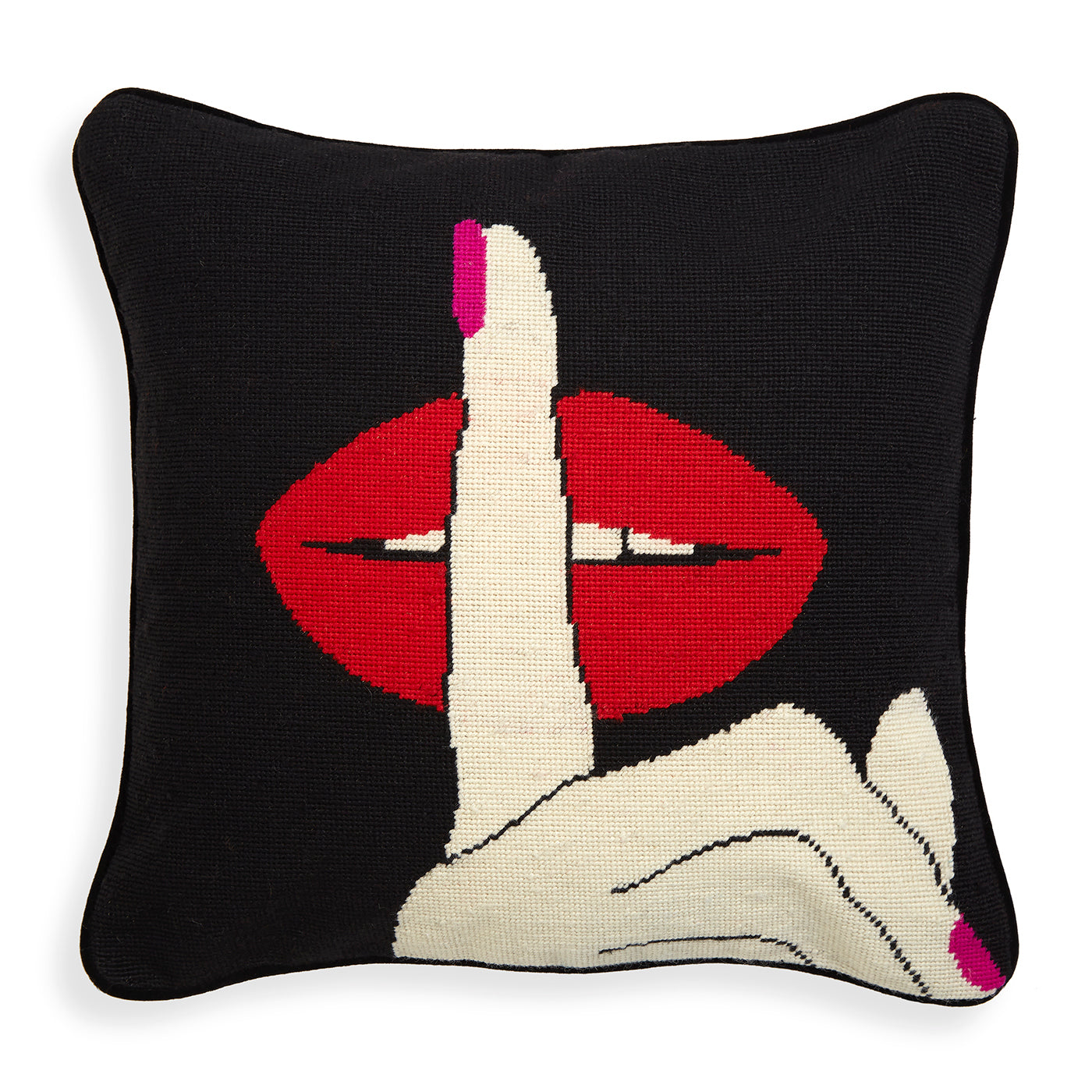 lips hush needlepoint throw pillow wool red white blue - front view