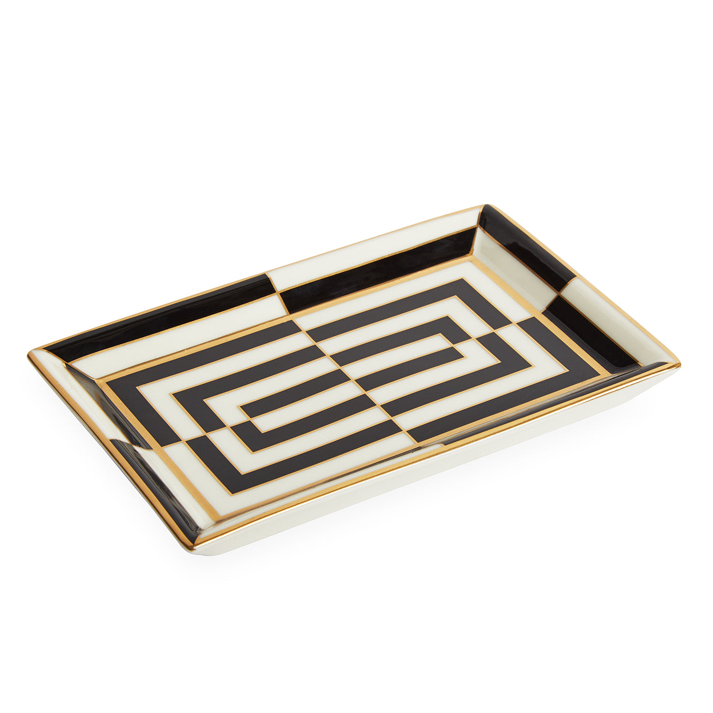 op art rectangle tray porcelain black white accents gold - angle view