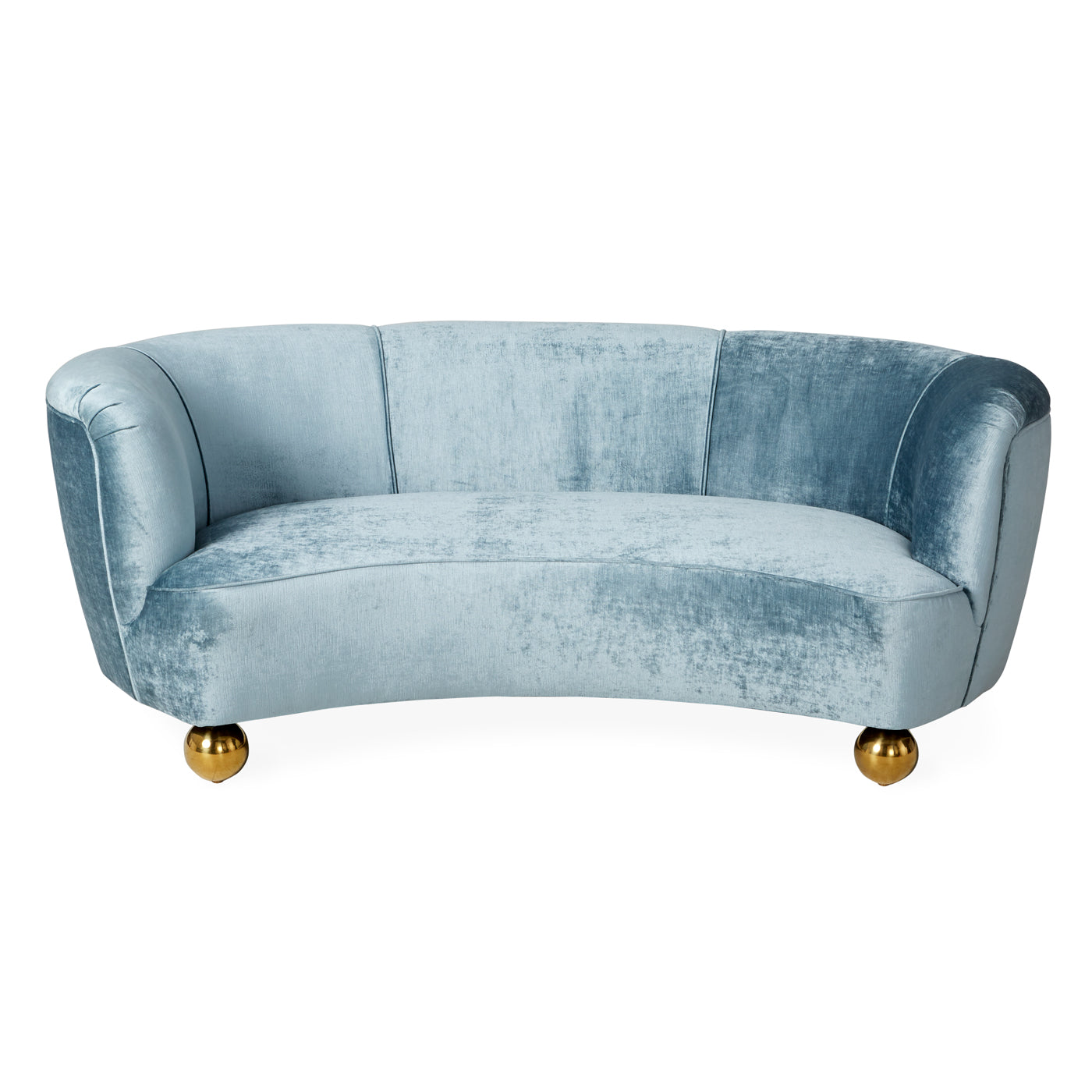 parker curved sofa brussels powdered blue velvet legs brass orb - front view