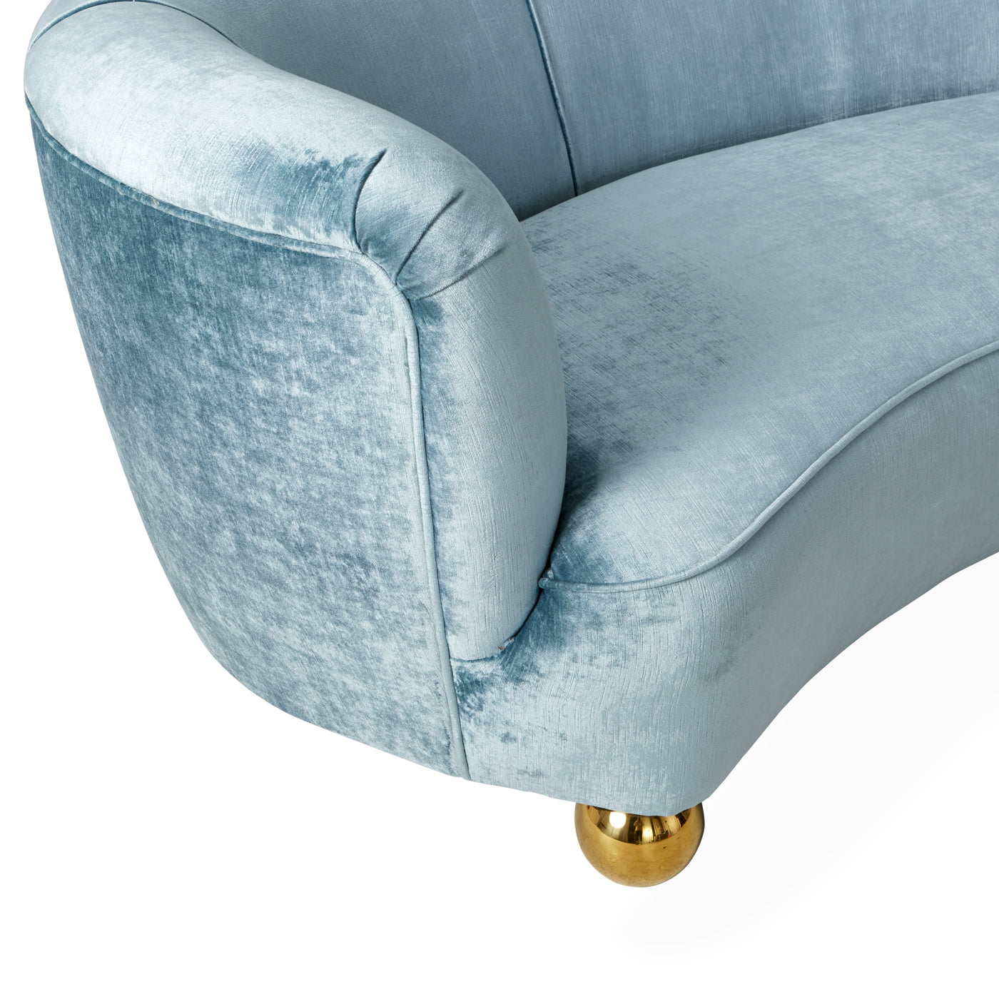 parker curved sofa brussels powder blue velvet legs brass orb - detail view