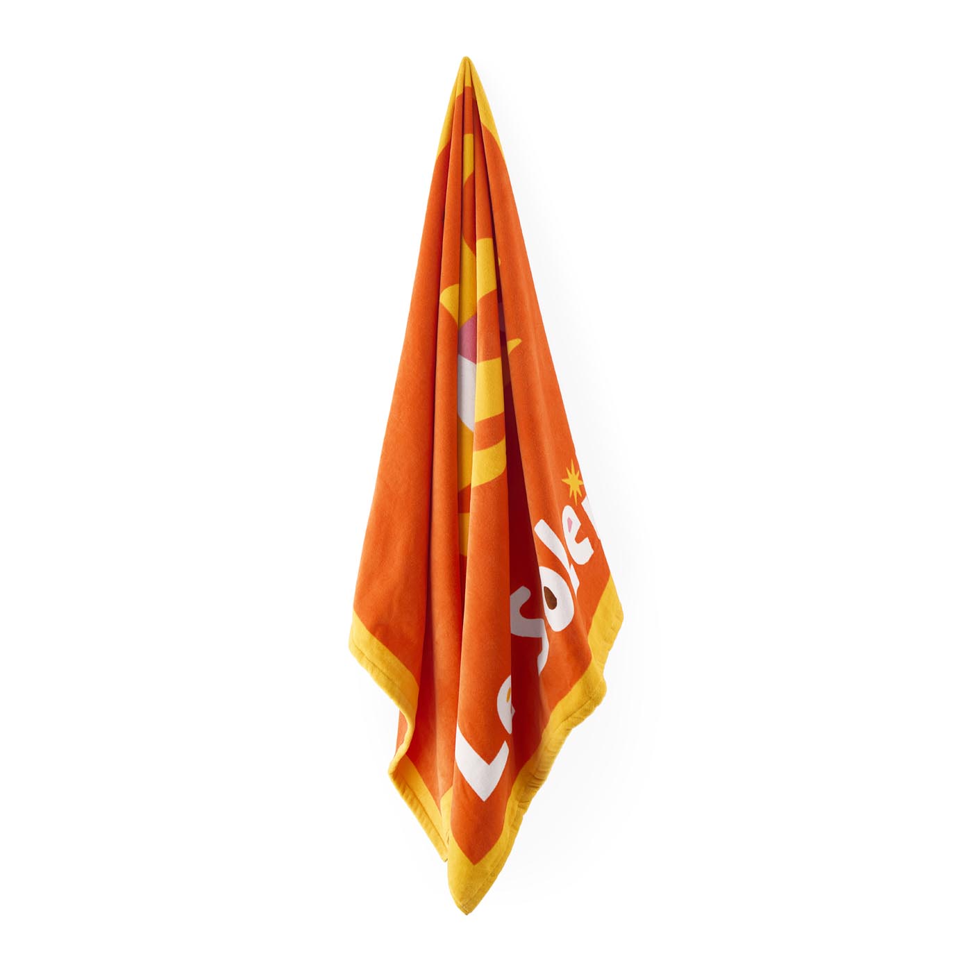 Orange beach towel with a sun design and 'L'Oisele' branding on a white background
