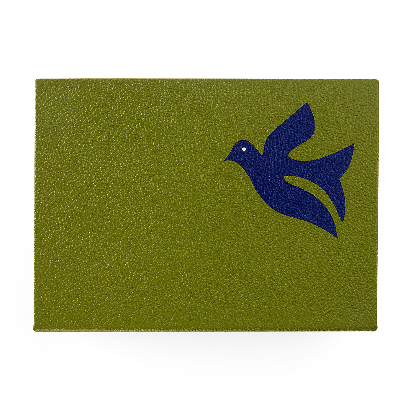 Green leather patch with a blue bird design on a white background