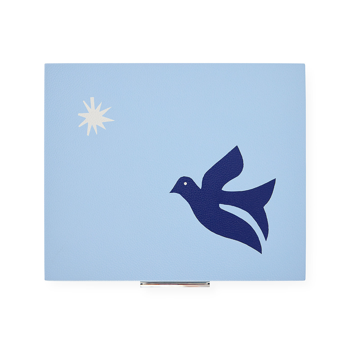 Light blue card with a navy bird and white star design on a white background