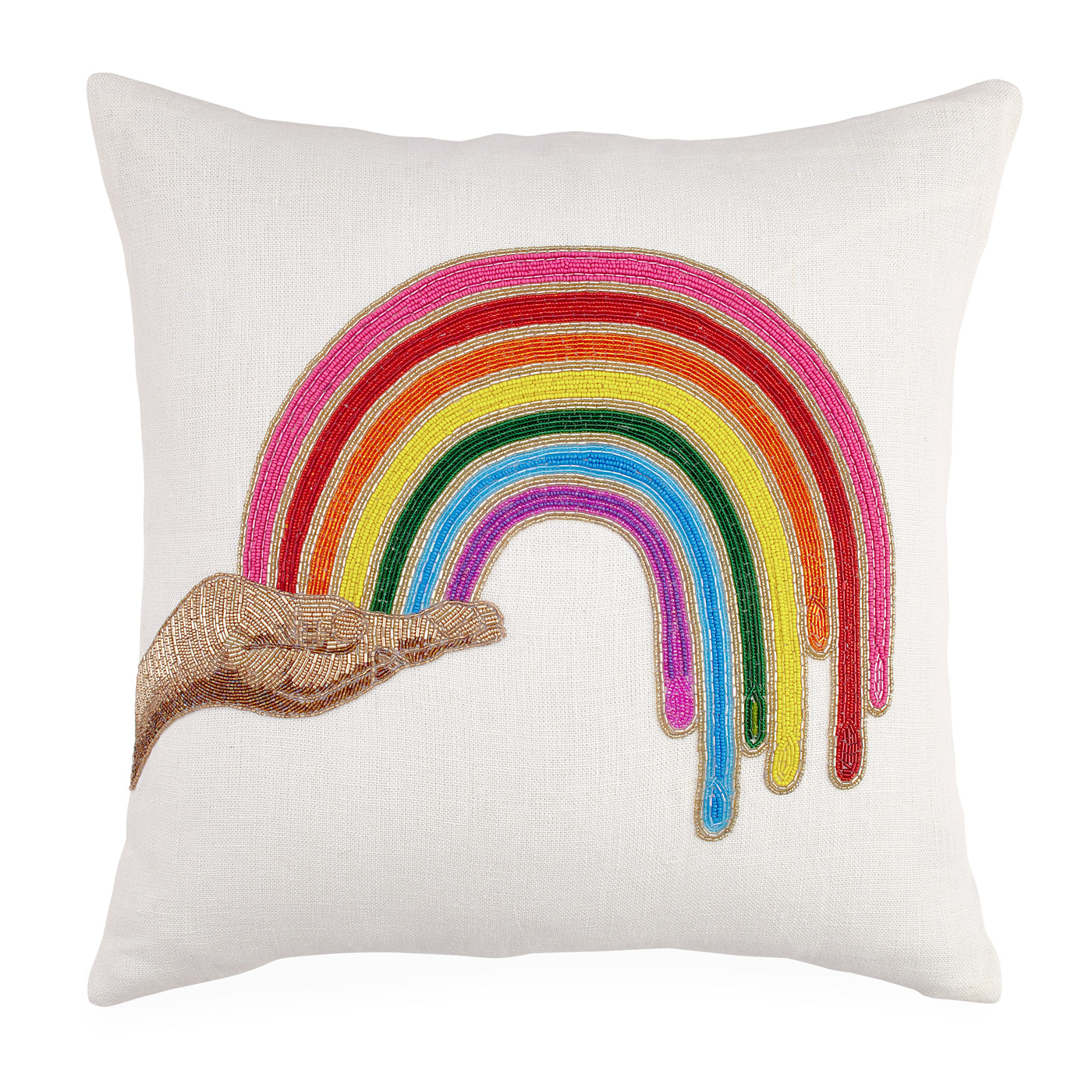 rainbow hand beaded pillow linen white glass beads multicolor - front view