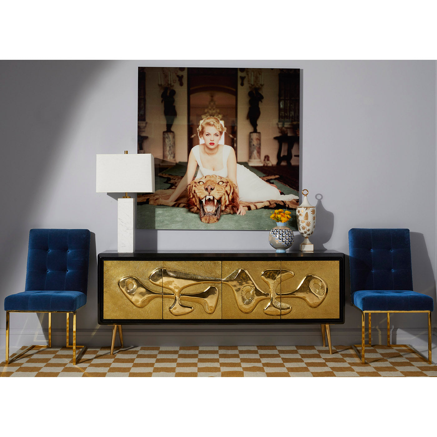 reform credenza goldfinger dining chairs canaan marble table lamp vignette - styled view