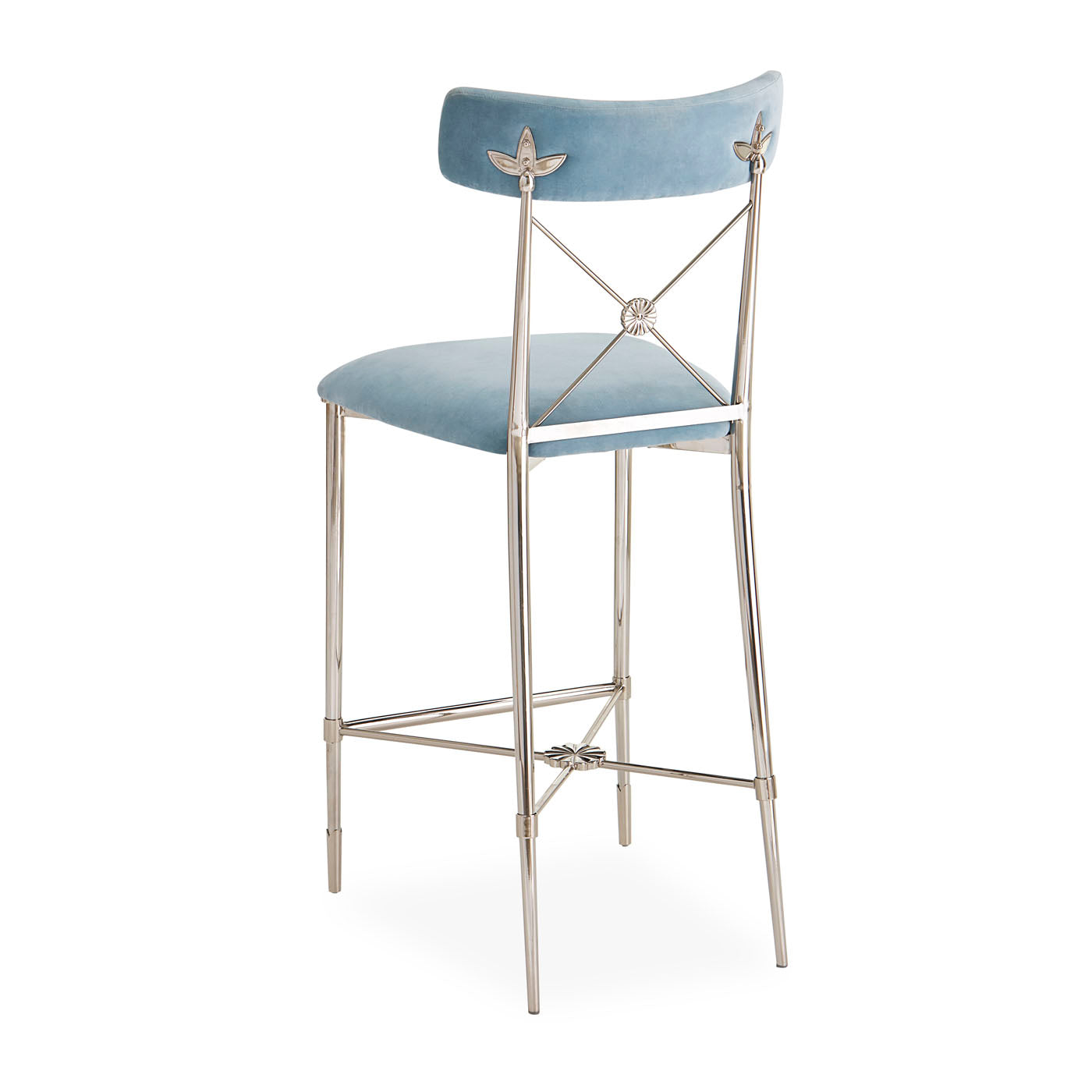 rider counter stool rialto sky blue velvet nickel frame - angle back view