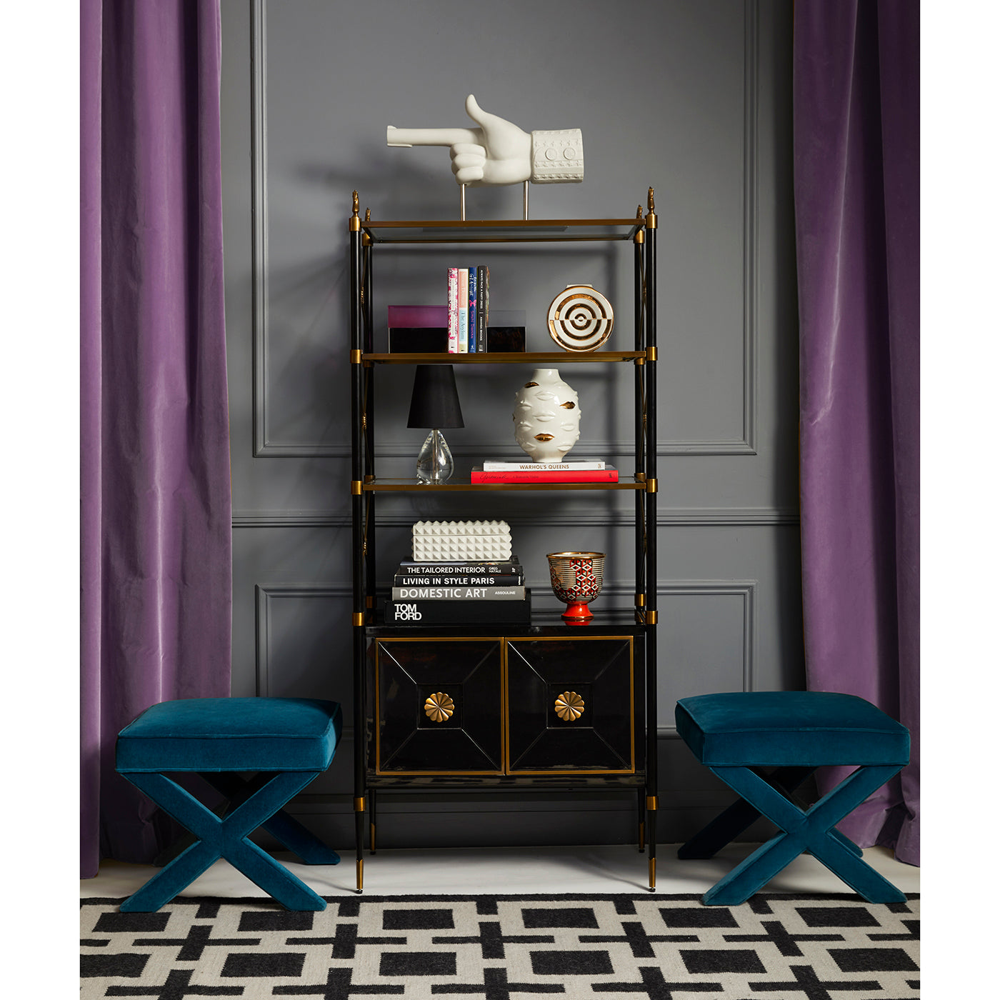 gilded gala round vase rider etagere x-benches - styled view
