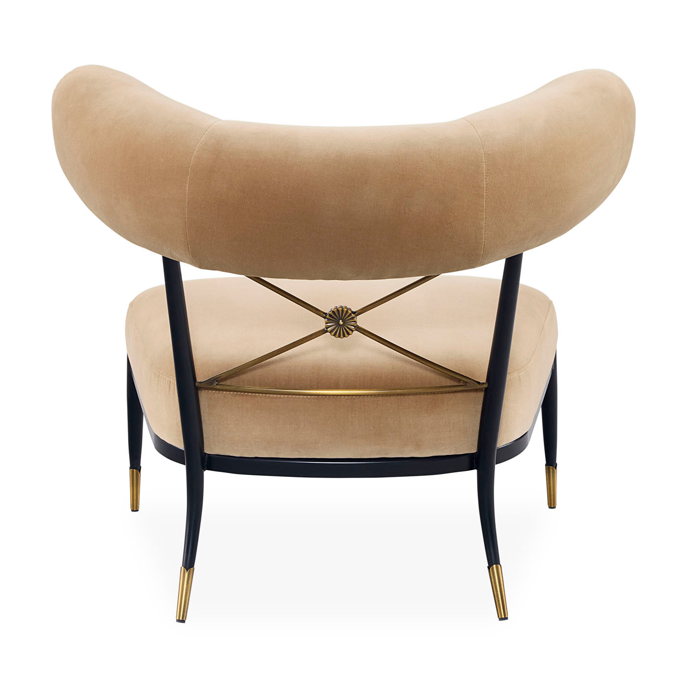 Beige armchair with black metal frame and gold accents on a white background