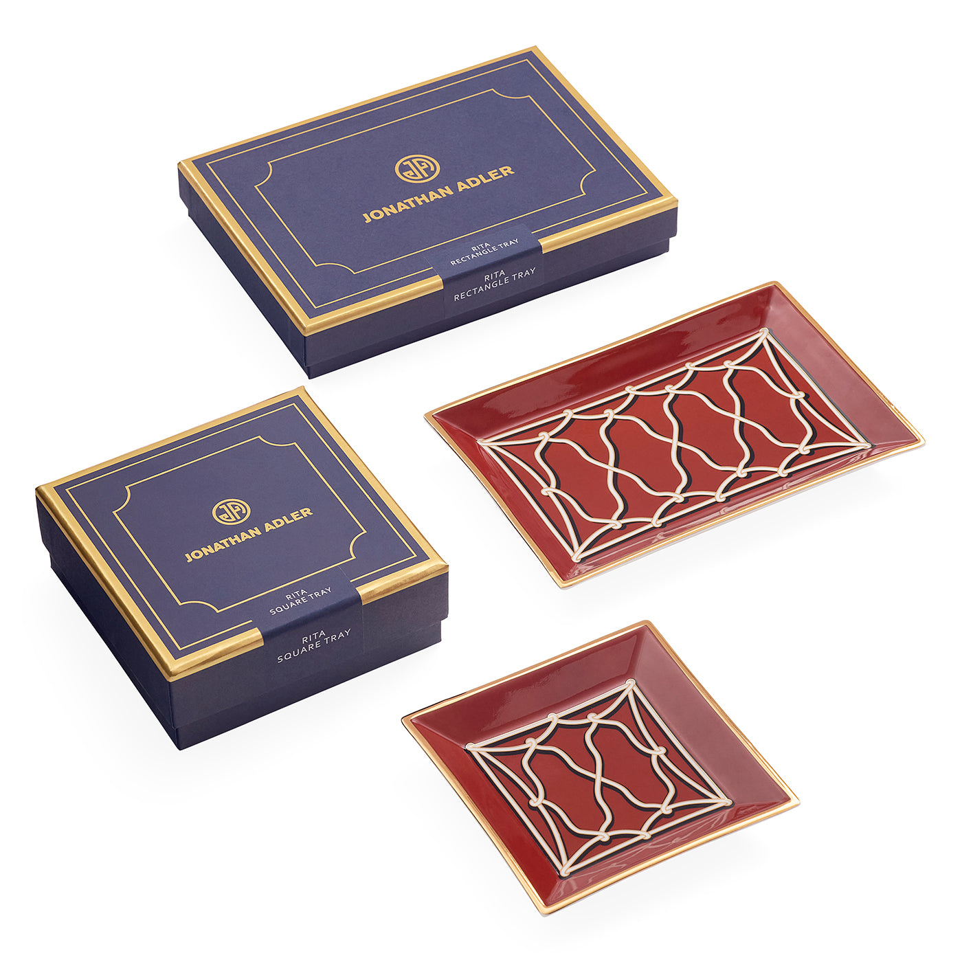 Two Jonathan Adler square red and gold smoking trays with matching navy and gold presentation boxes on a white background.