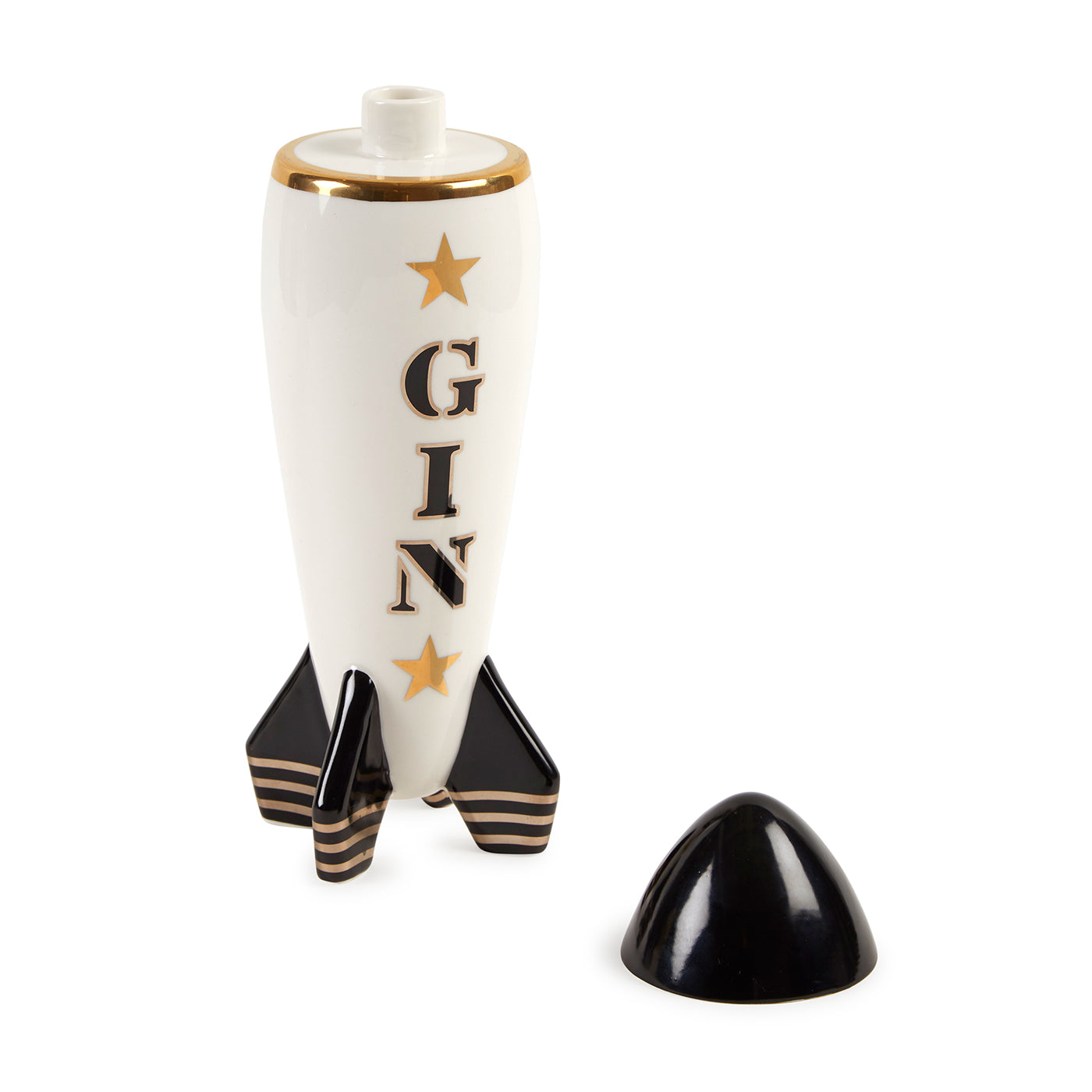 gin rocket decanter porcelain white black gold - angle view