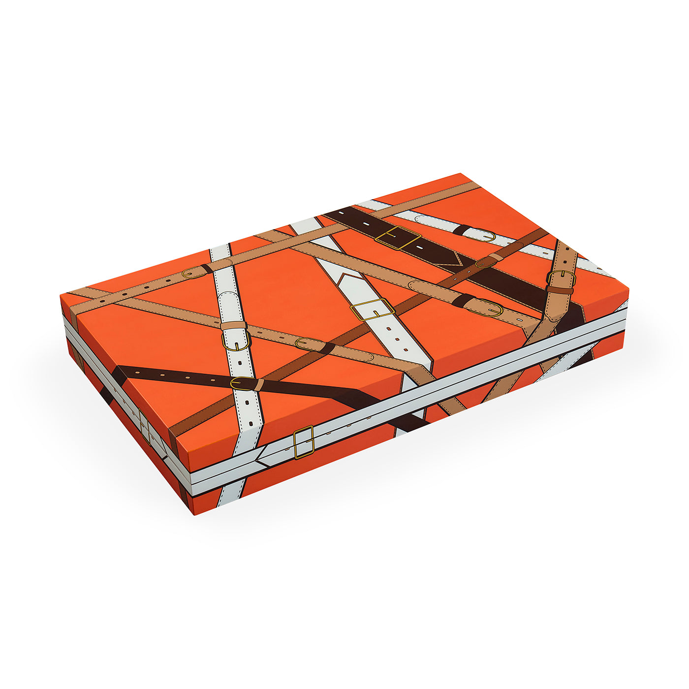 A rectangular product box with a bold orange and brown leather-buckle strap pattern, shown at an angle on a plain white background.
