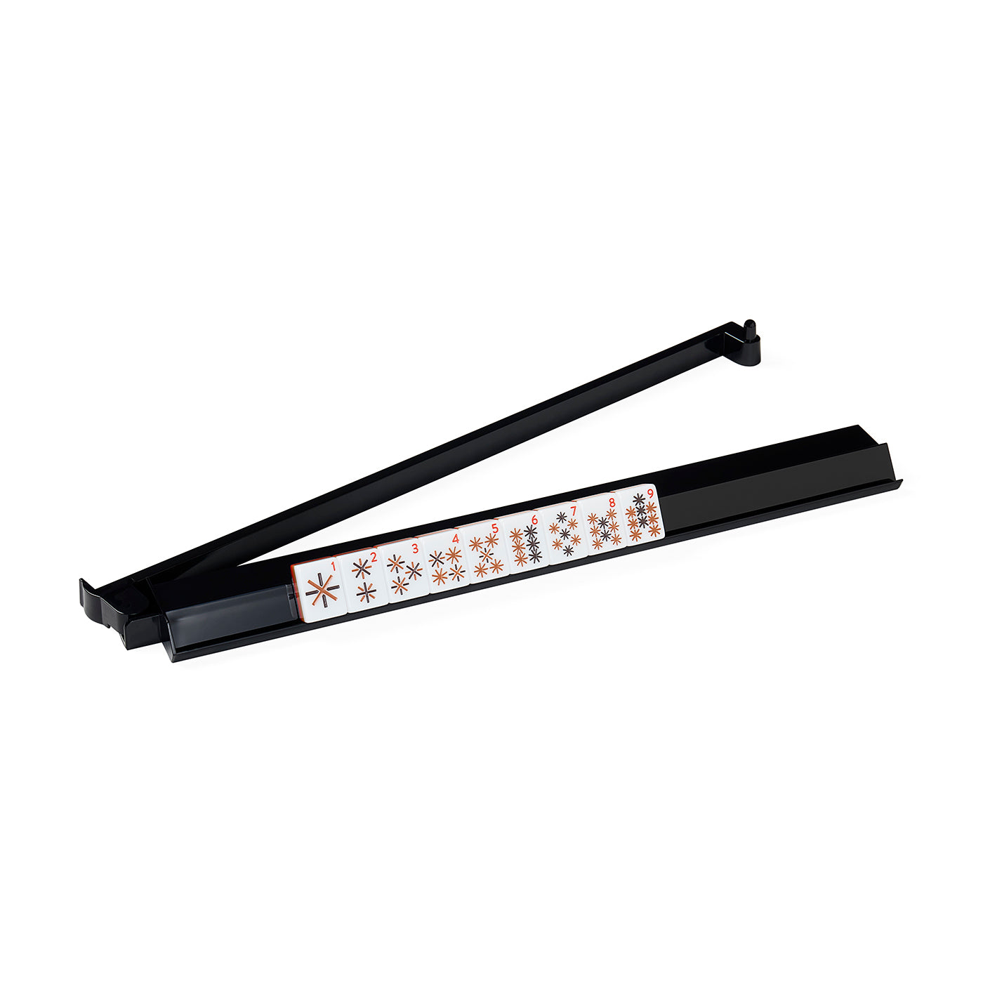 A black plastic linear light bar with a white label showing various star and snowflake patterns, shown open on a plain white background.