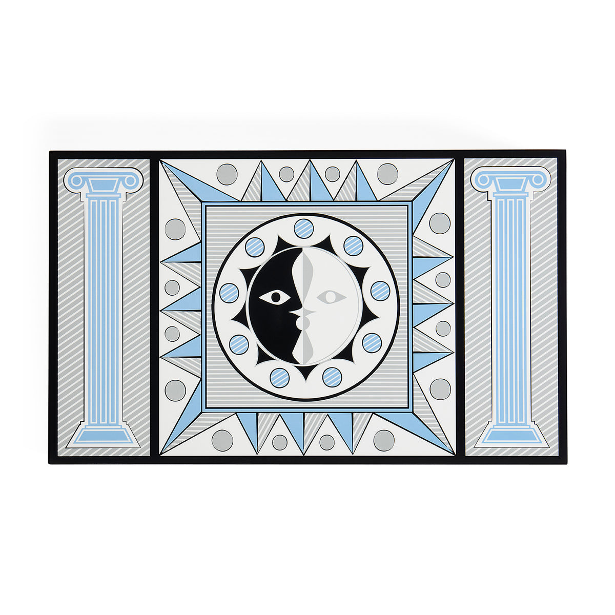 A rectangular decorative tile or art panel featuring a symmetrical geometric design with a central sun-and-moon face, blue and gray accents, and classical column motifs on either side, shown against a plain white background.